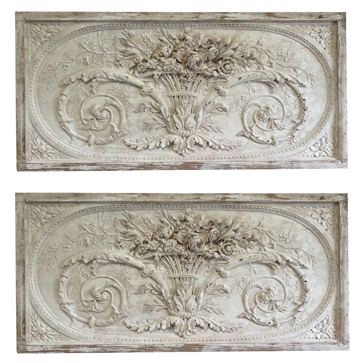 19th/20th Century French Pair of Baroque Style Sopraportes - Antique Wood Panels For Sale