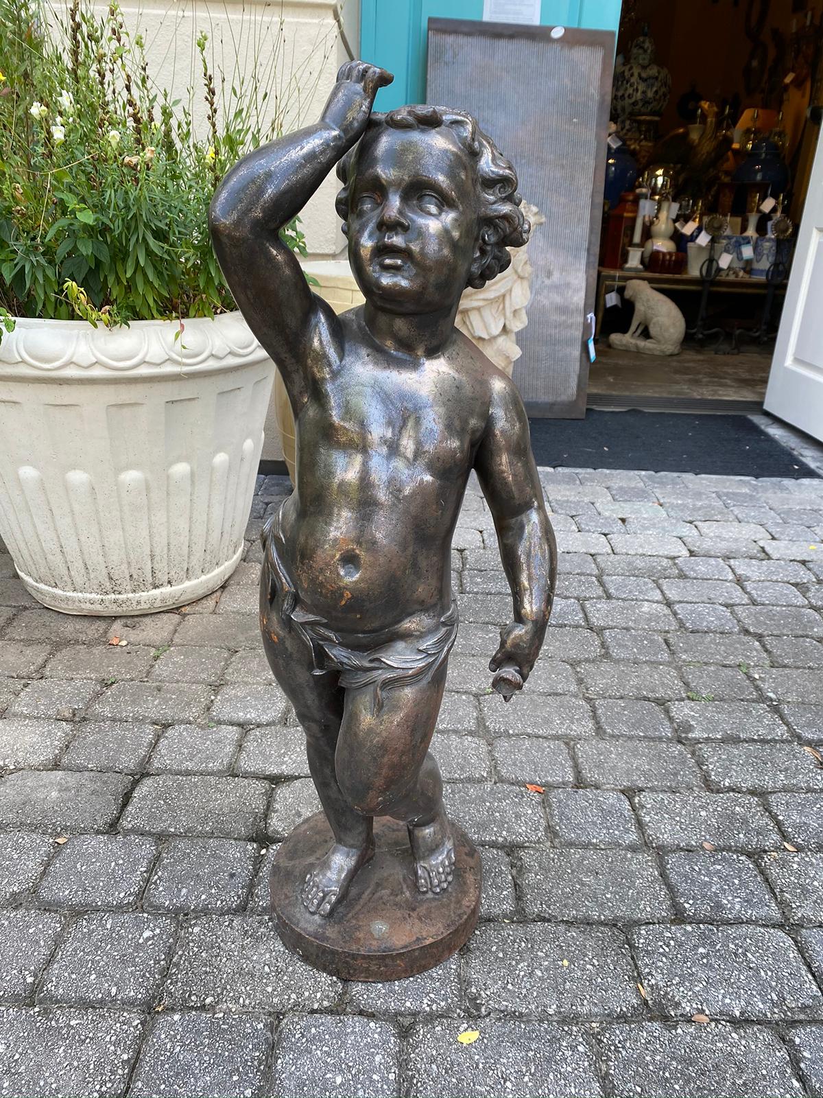 19th-20th century French polished steel statue of child holding flower
Size: Base 11
