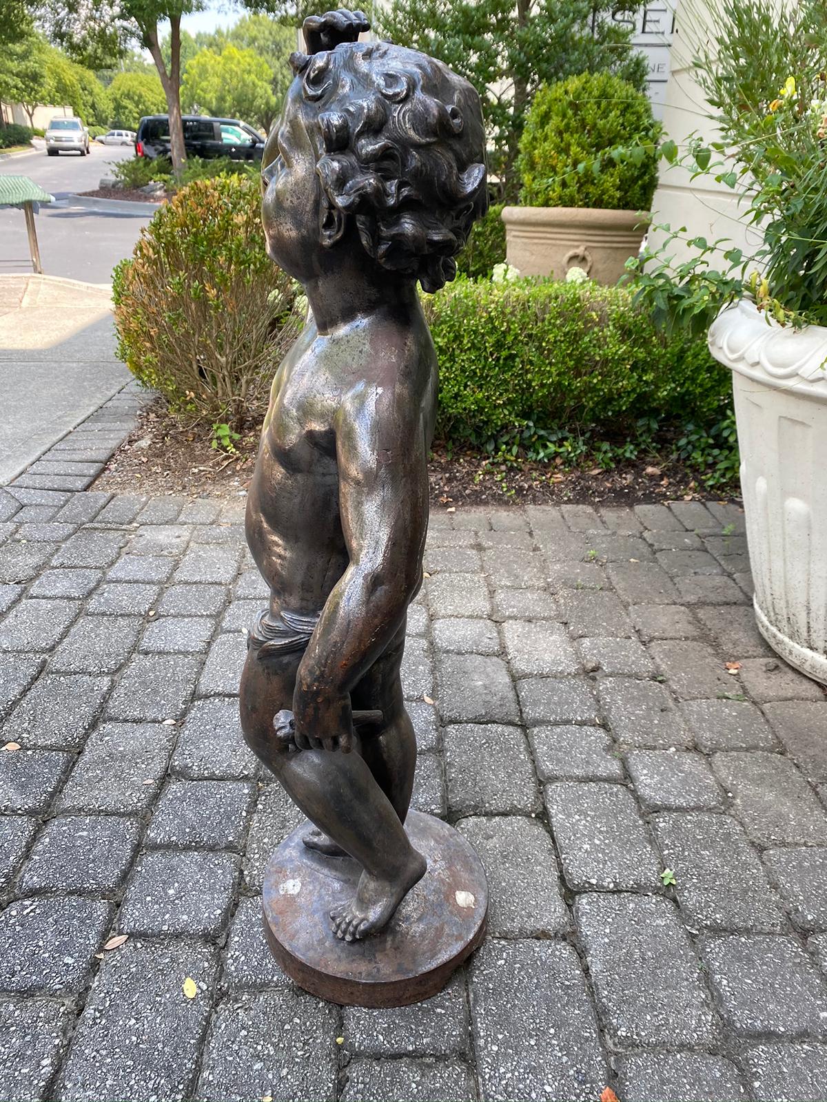 19th Century 19th-20th Century French Polished Steel Statue of Child Holding Flower For Sale