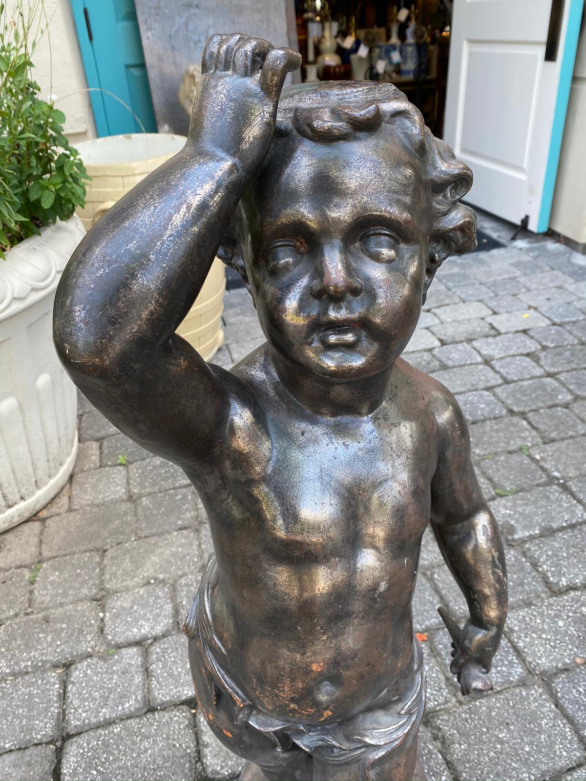 19th-20th Century French Polished Steel Statue of Child Holding Flower For Sale 2