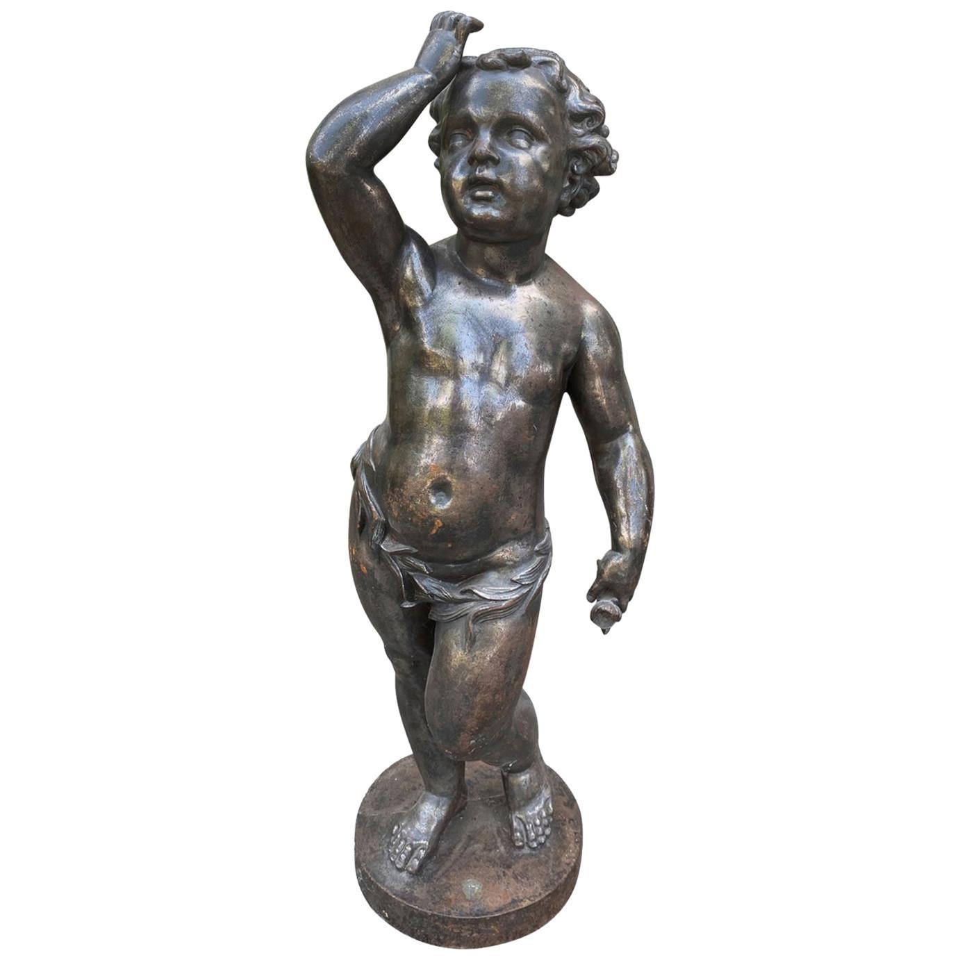 19th-20th Century French Polished Steel Statue of Child Holding Flower For Sale