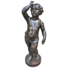 19th-20th Century French Polished Steel Statue of Child Holding Flower