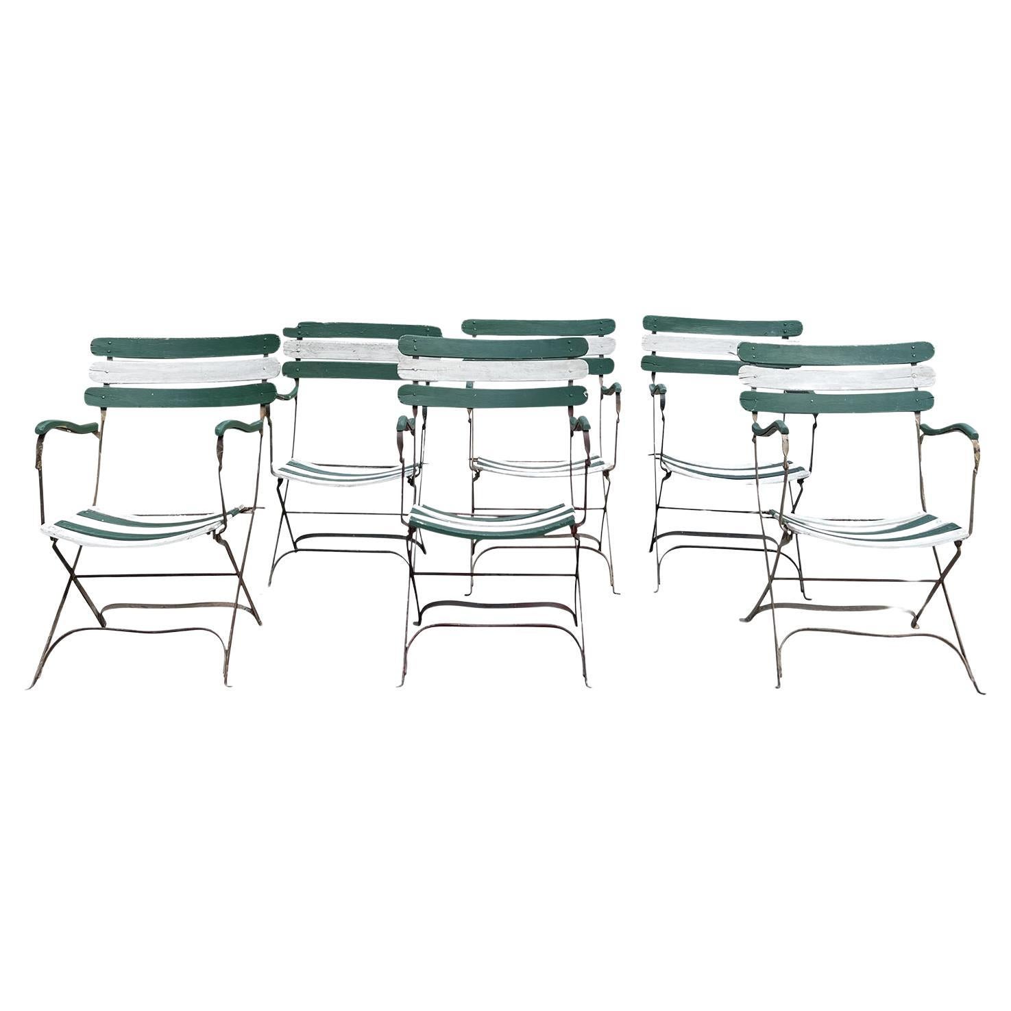 19th - 20th Century French Set of Six Antique Wrought Iron Garden Chairs For Sale