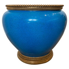 19th-20th Century French Sevres Porcelain & Brass Turquoise Blue Jardiniere