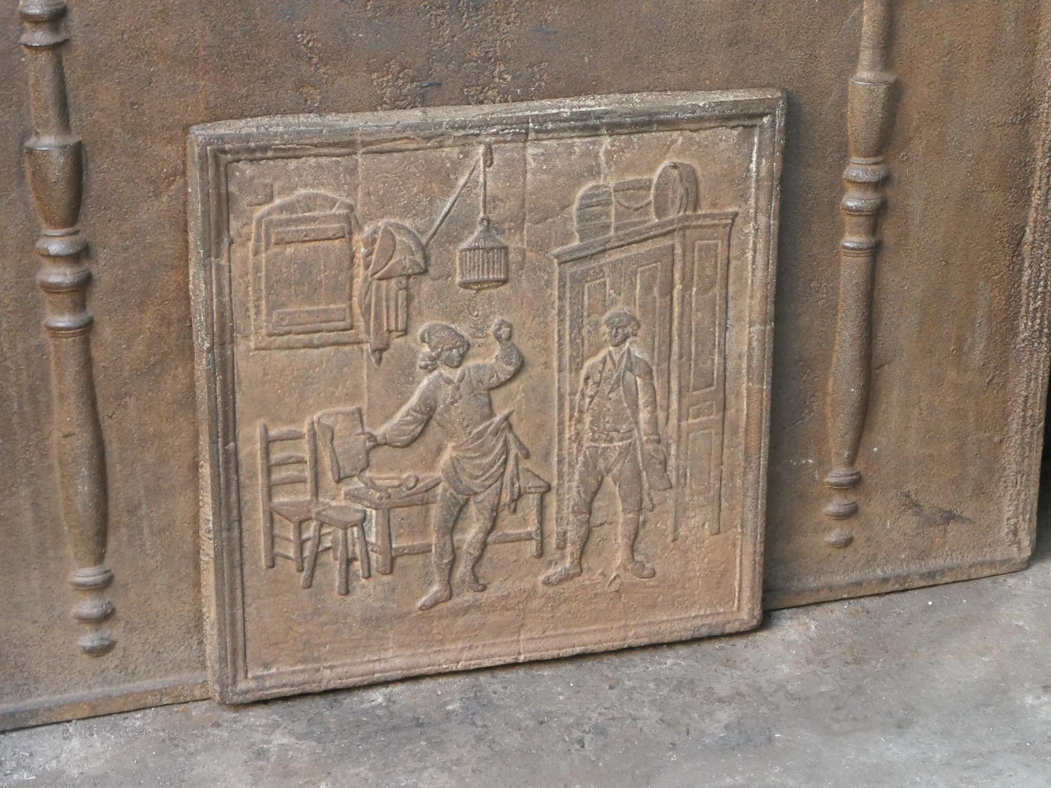 Plaque de cheminée / crédence française du 19e - 20e siècle « The Cobbler and the Financier » Bon état - En vente à Soest, NL