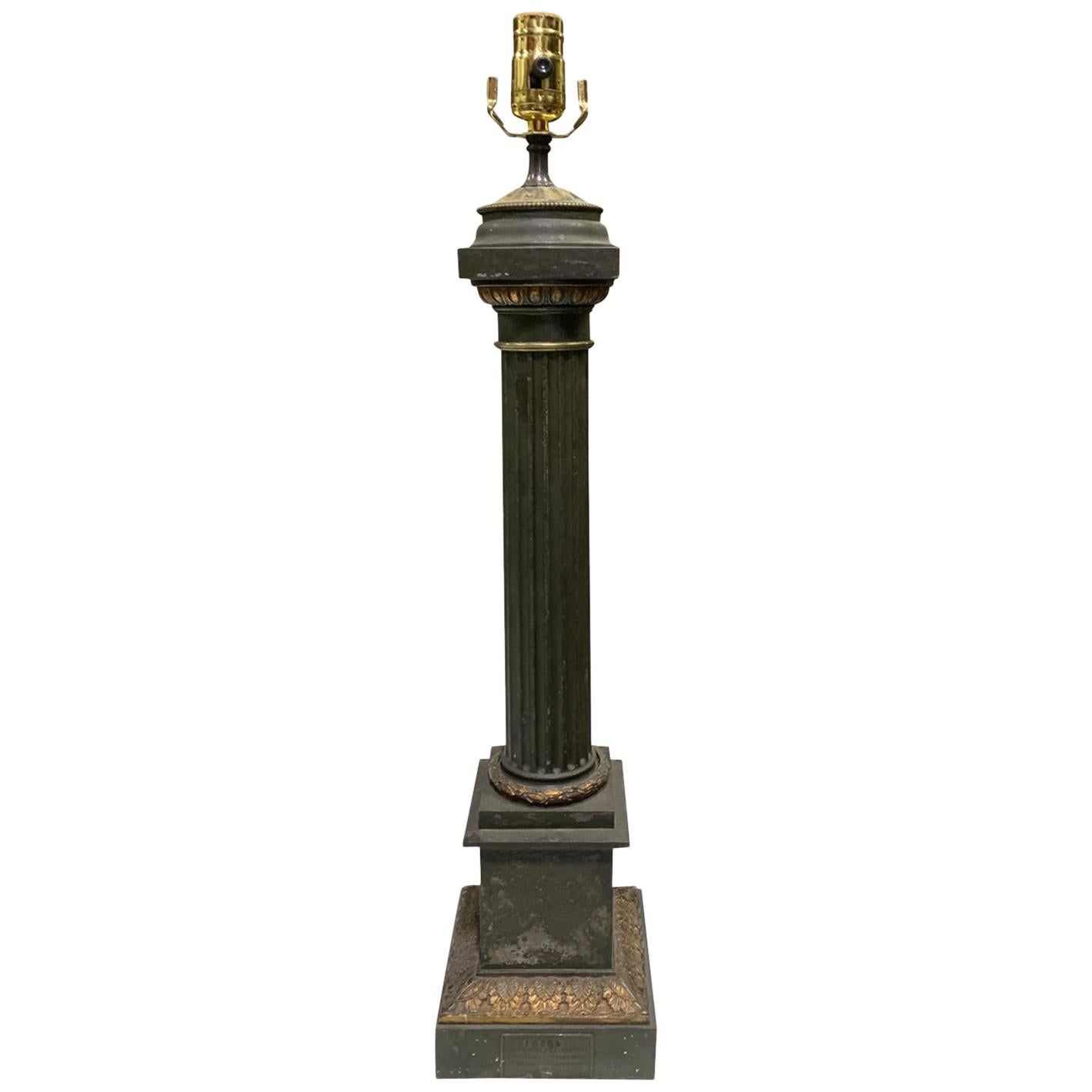 19th-20th Century French Tole and Gilt Carcel Column Lamp For Sale
