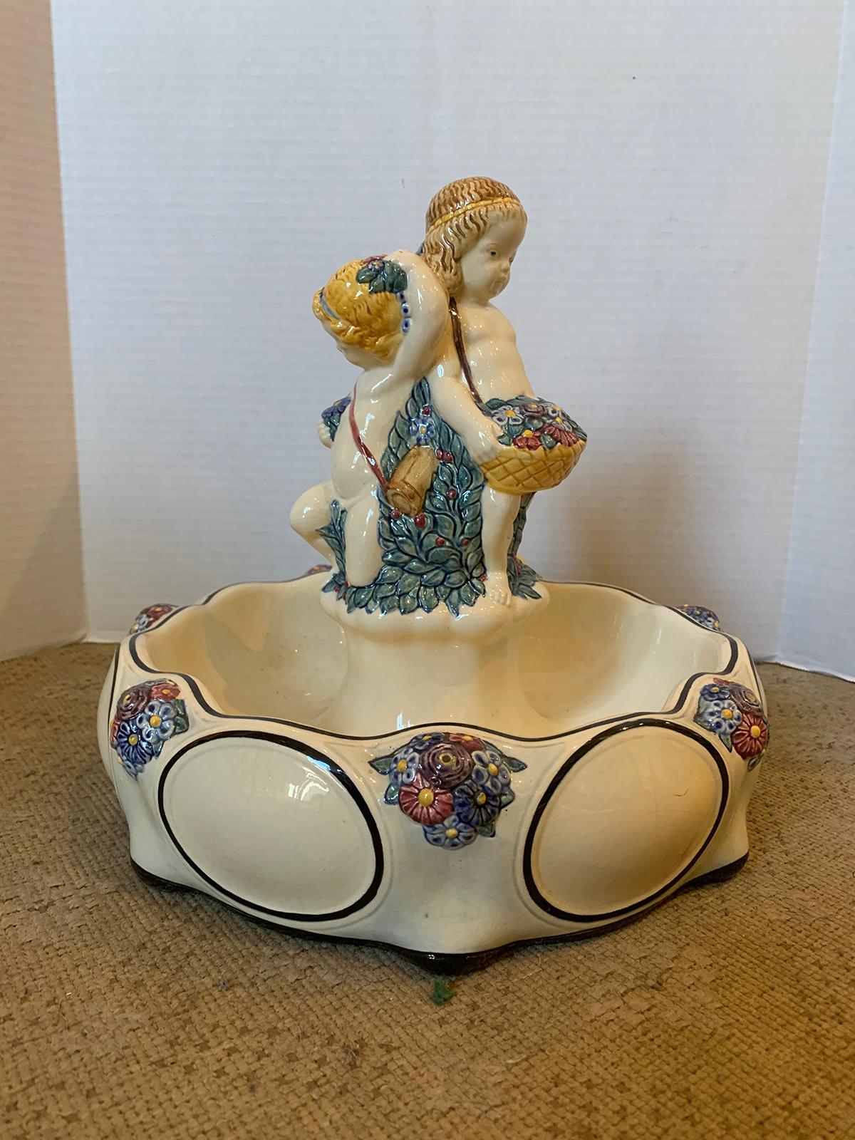 19th-20th Century German Hand Painted Putti Porcelain Bowl/Centerpiece, Marked In Good Condition For Sale In Atlanta, GA