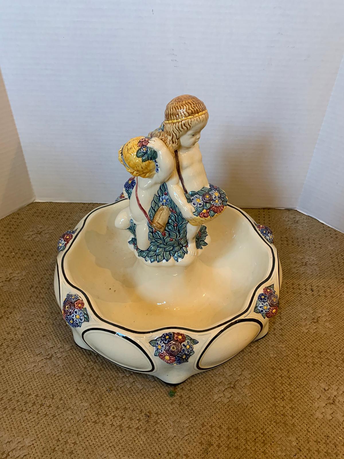 19th Century 19th-20th Century German Hand Painted Putti Porcelain Bowl/Centerpiece, Marked For Sale