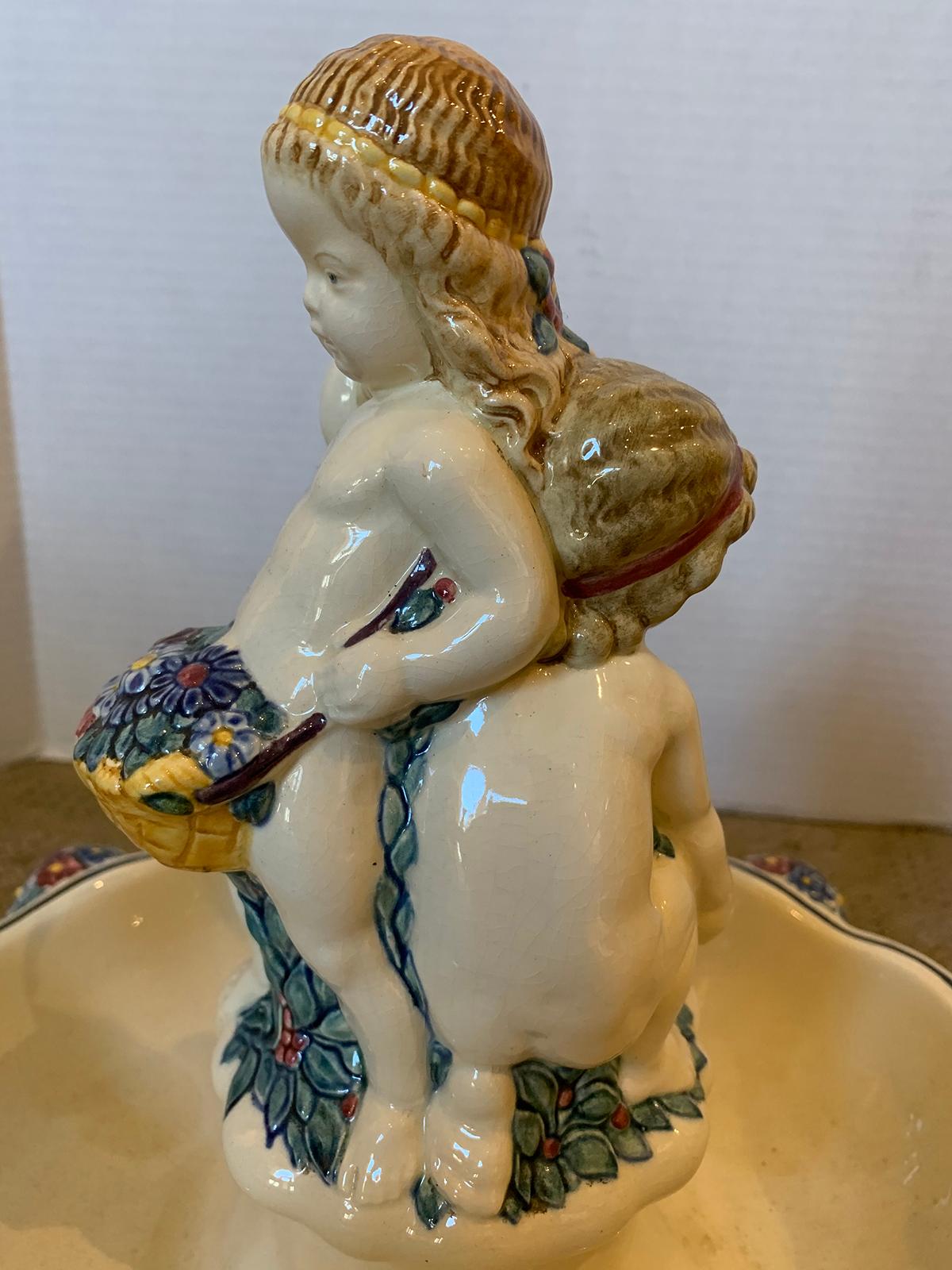 19th-20th Century German Hand Painted Putti Porcelain Bowl/Centerpiece, Marked For Sale 4