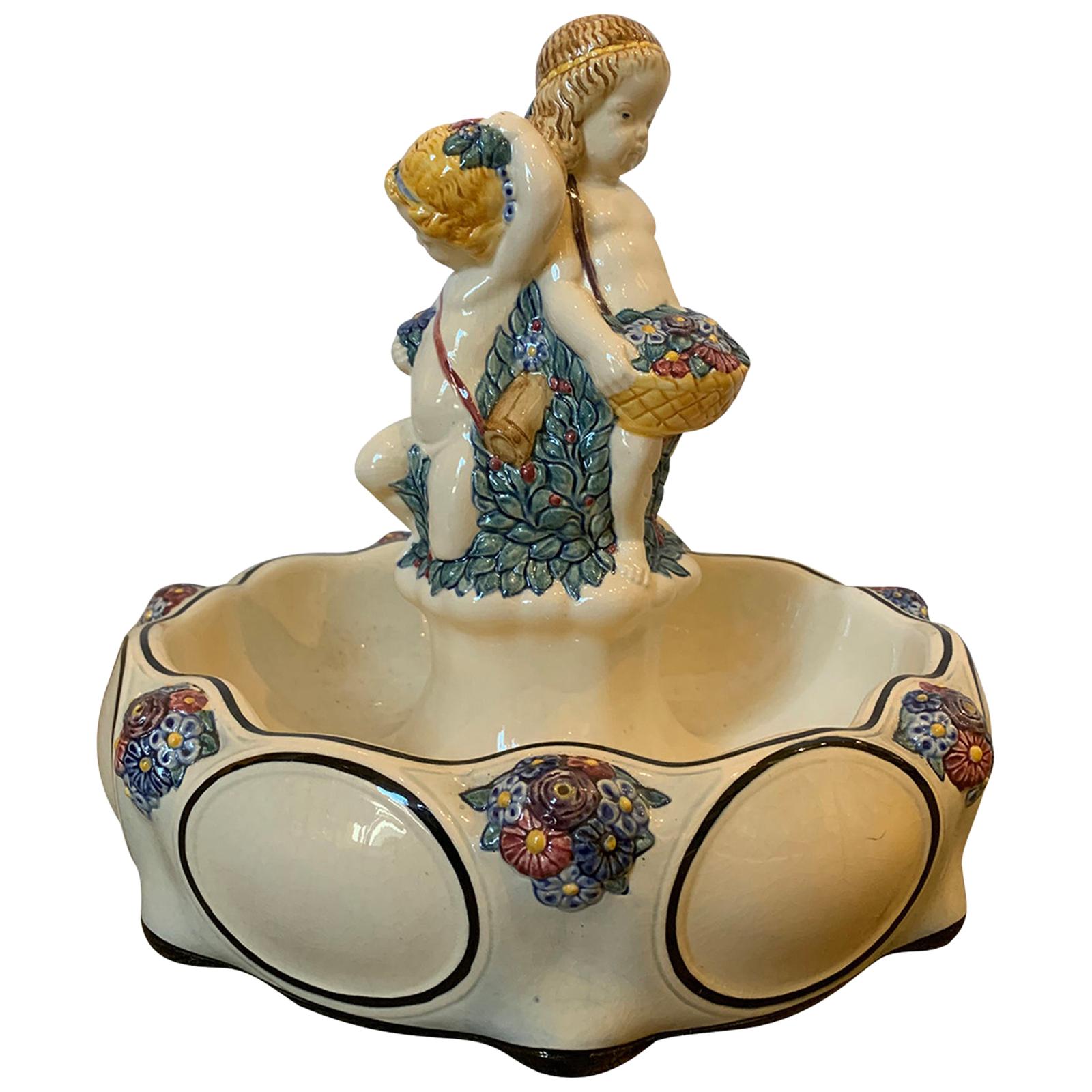 19th-20th Century German Hand Painted Putti Porcelain Bowl/Centerpiece, Marked For Sale