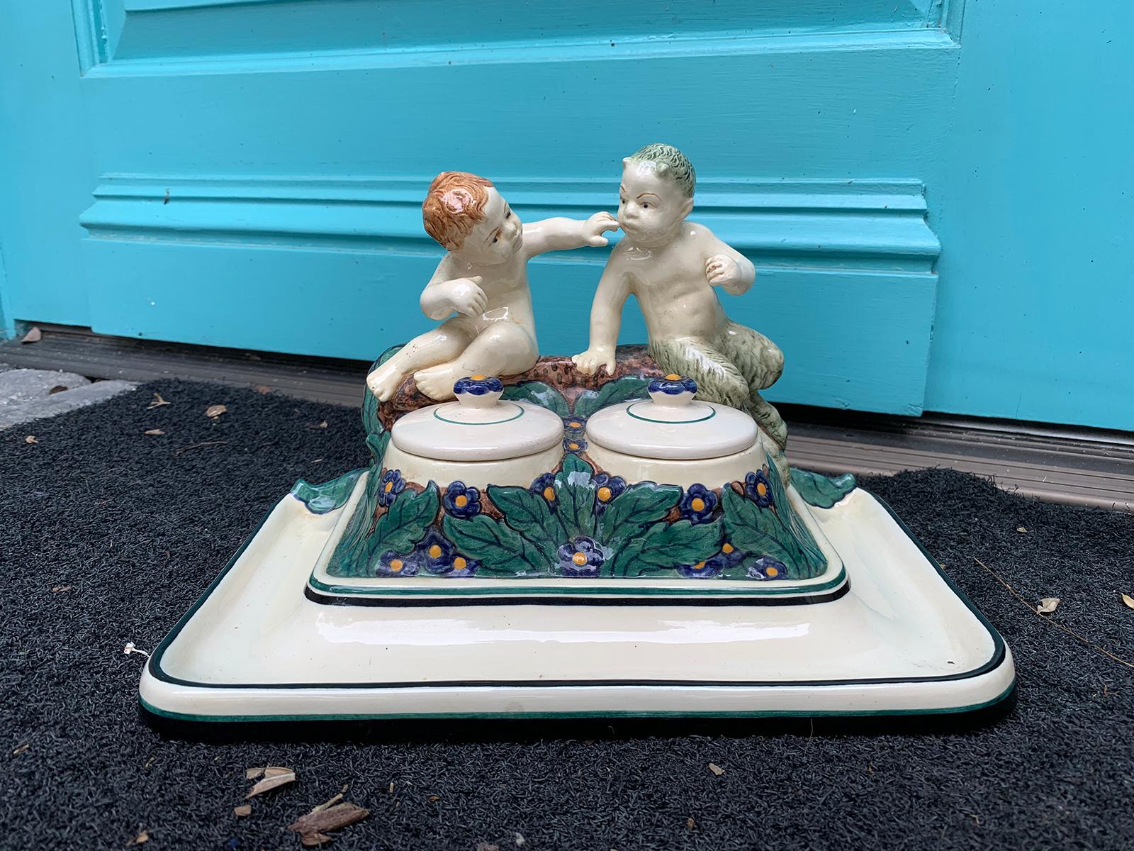 19th Century 19th-20th Century German Porcelain Figural Inkwell, Marked For Sale