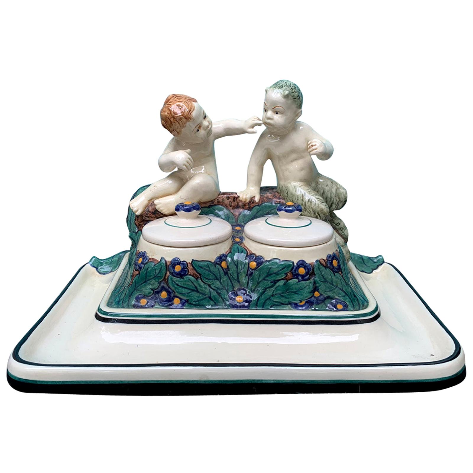 19th-20th Century German Porcelain Figural Inkwell, Marked For Sale