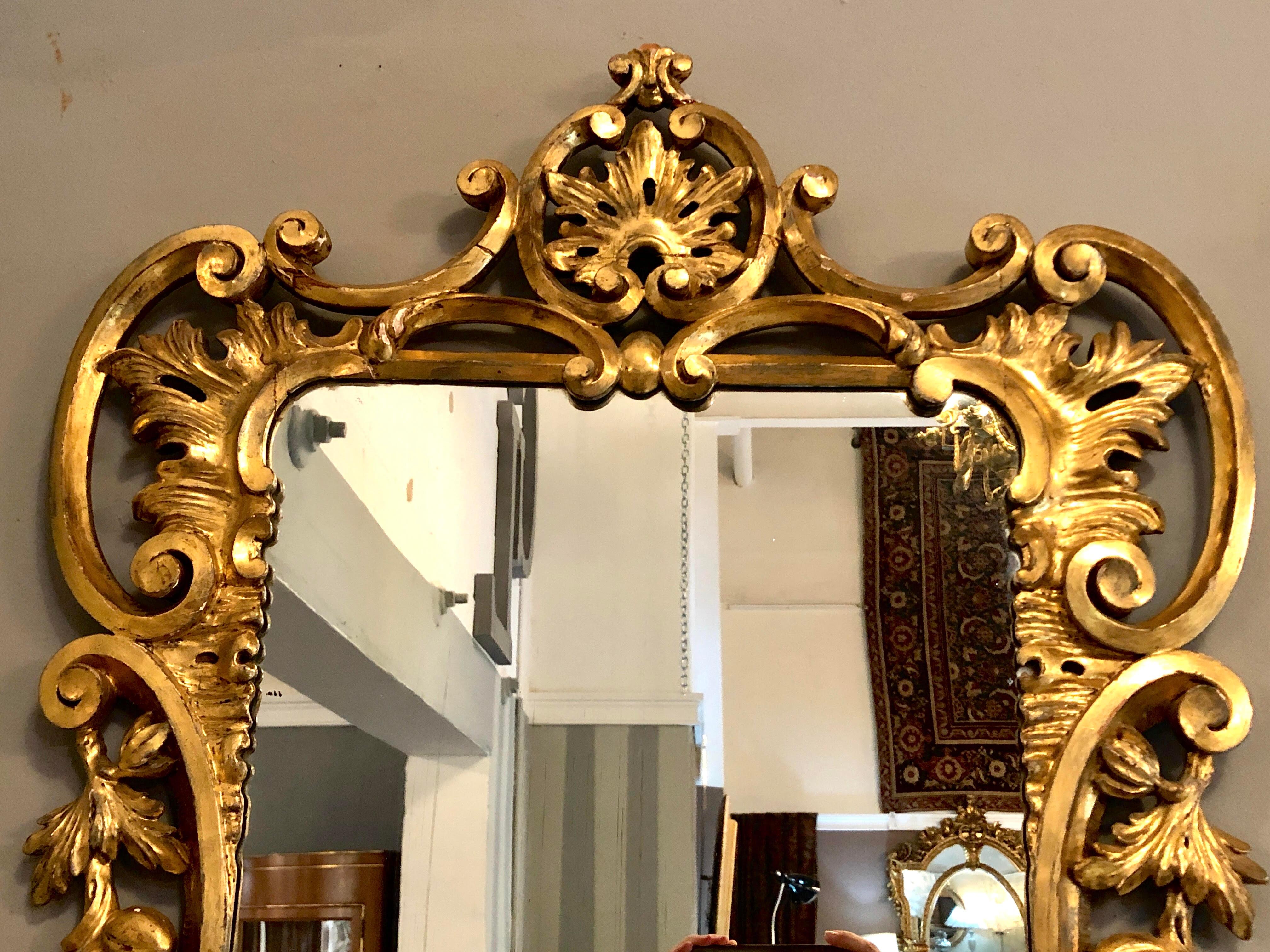 19th-20th century giltwood continental wall, console or pier mirror. Finely gilt decorated wooded wall or console mirror having an all-around shell and leaf with grape or plum fruit carved design.