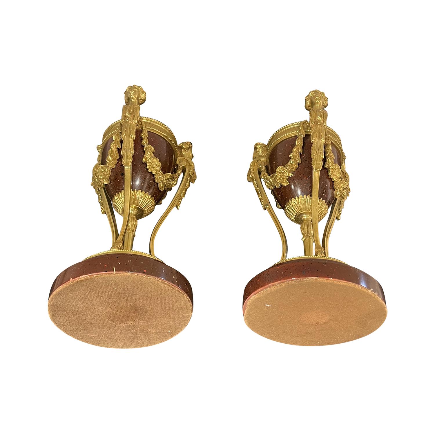 Metal 19th - 20th Century Gold-Red French Empire Pair of Porcelain, Gilded Cassoulette For Sale