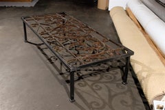 19th-20th Century Iron Gate Inset in Custom Coffee Table Base, Old Elements