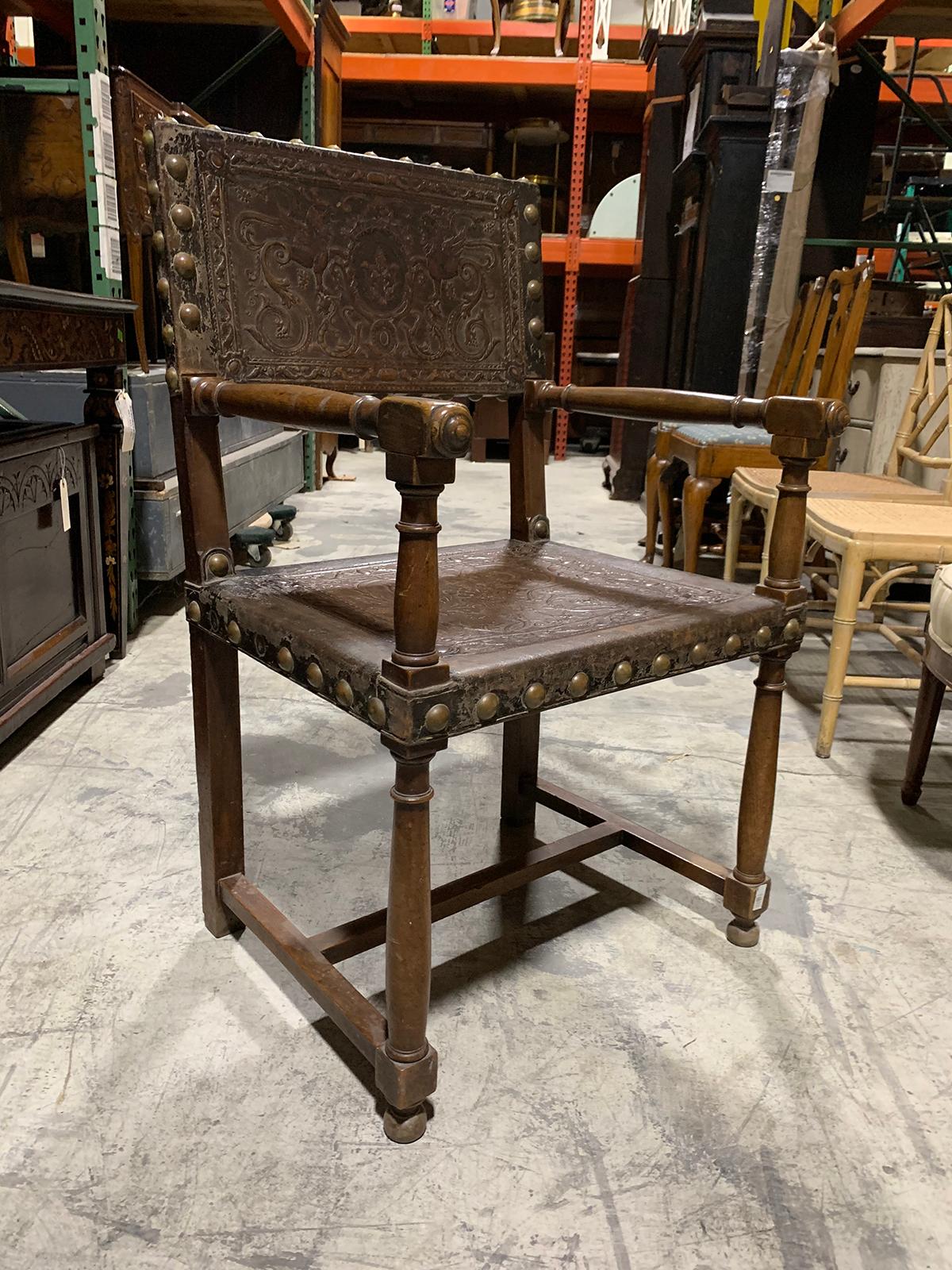 Wood 19th-20th Century Italian Armchair with Embossed Leather For Sale