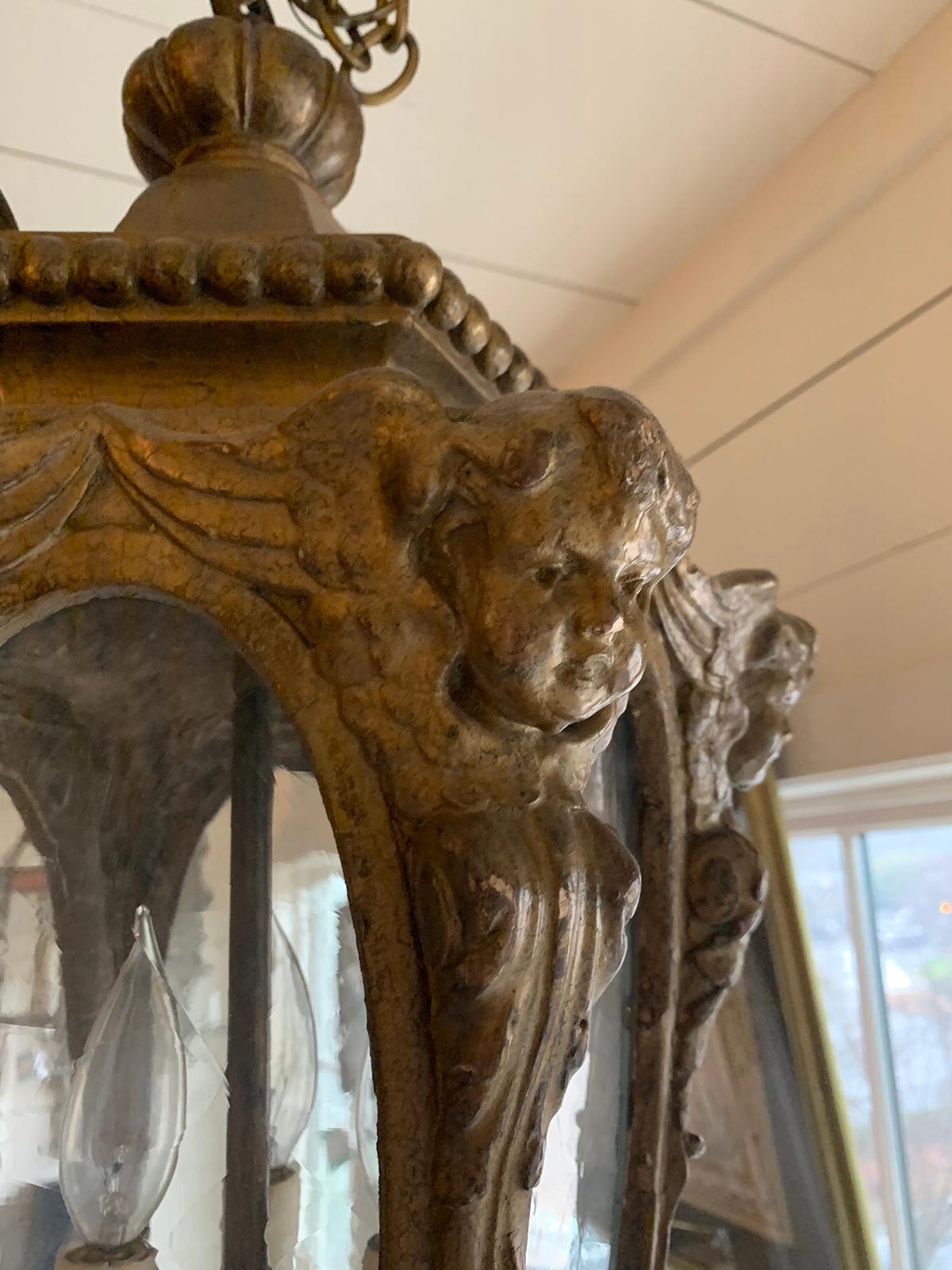 Hand-Carved 19th-20th Century Italian Carved Giltwood Lantern with Cherubs For Sale