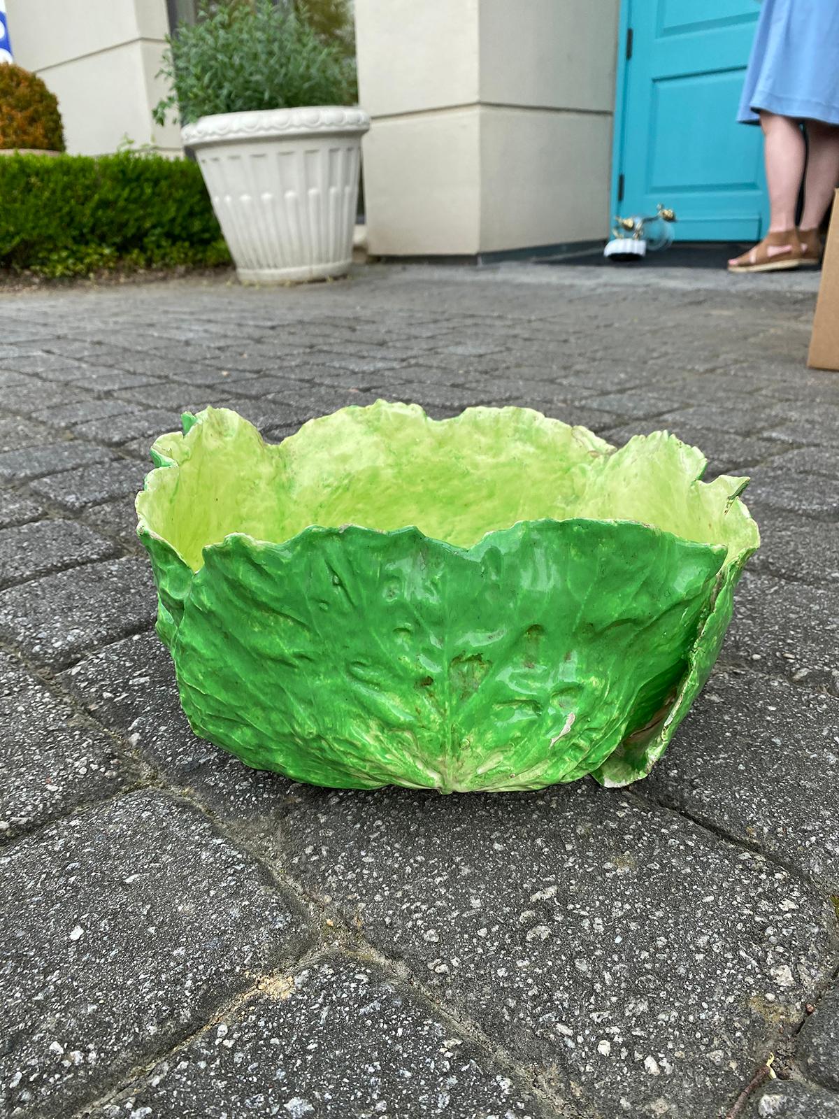 19th-20th Century Italian Majolica Napoli Green Lettuce Ware Bowl, Marked For Sale 1
