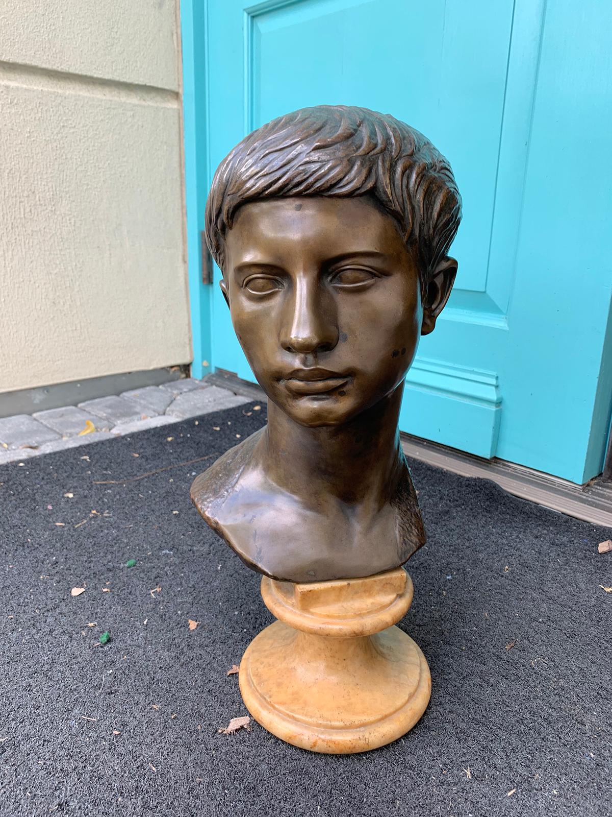 19th-20th century Italian neoclassical bronze bust of youth on marble base.