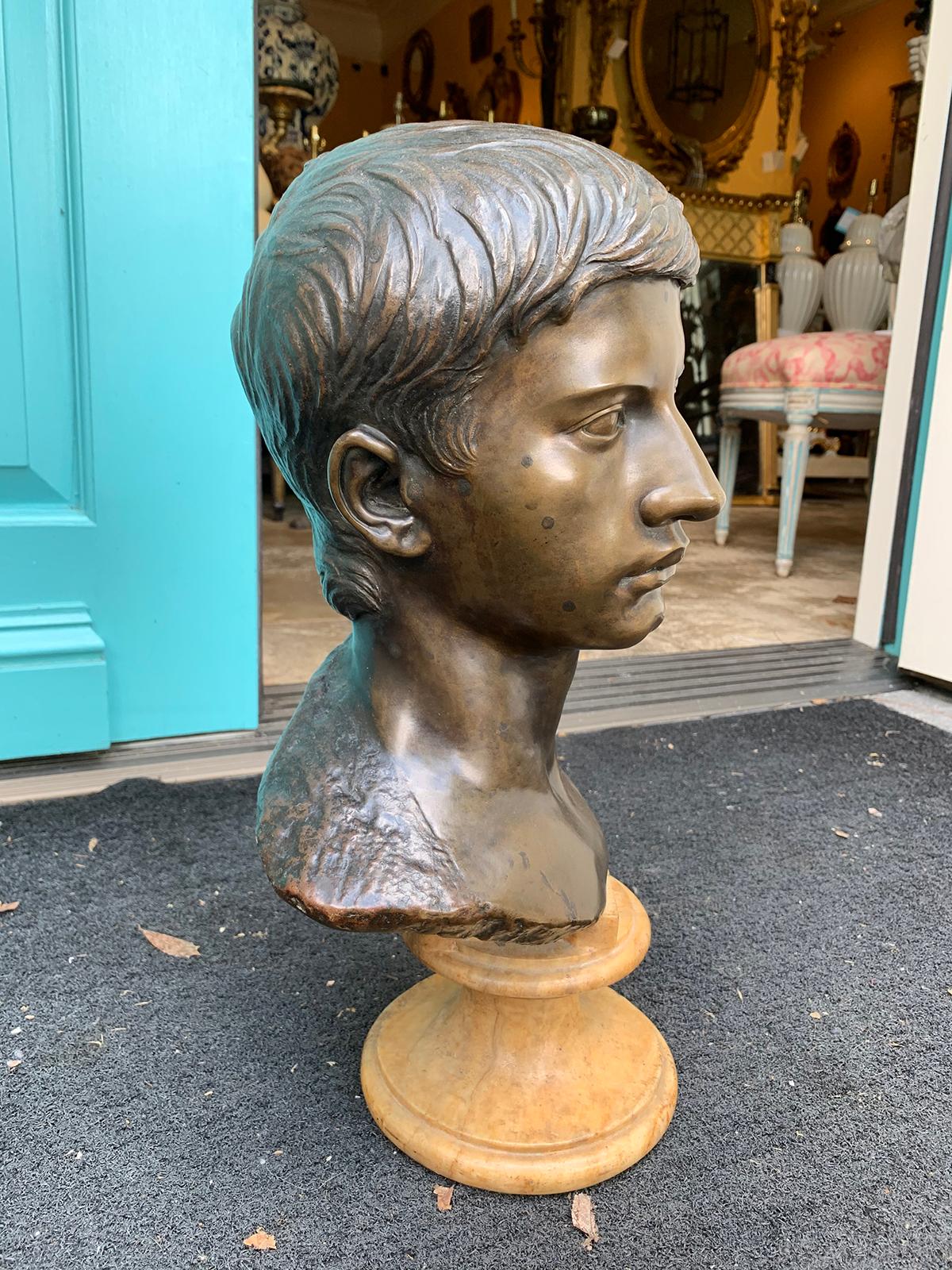 19th-20th Century Italian Neoclassical Bronze Bust of Youth on Marble Base In Good Condition For Sale In Atlanta, GA