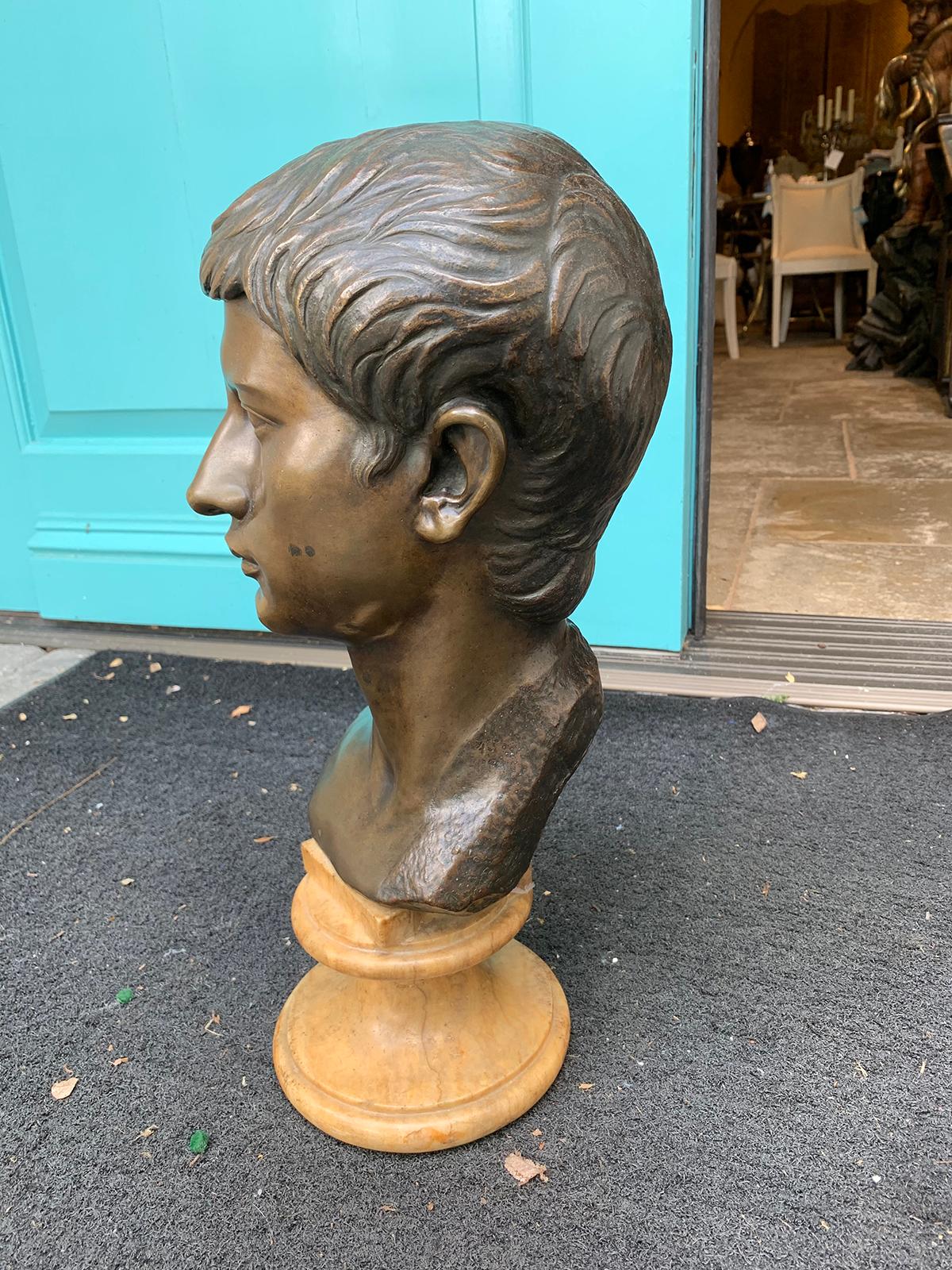19th Century 19th-20th Century Italian Neoclassical Bronze Bust of Youth on Marble Base For Sale