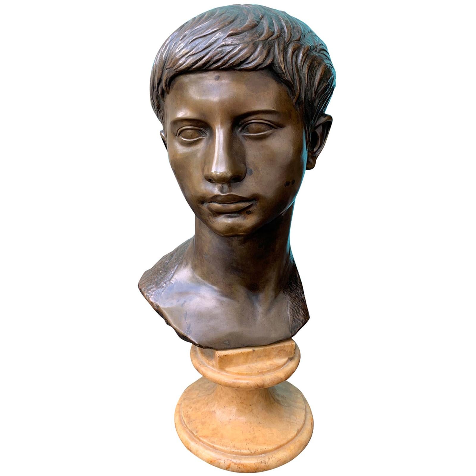 19th-20th Century Italian Neoclassical Bronze Bust of Youth on Marble Base For Sale