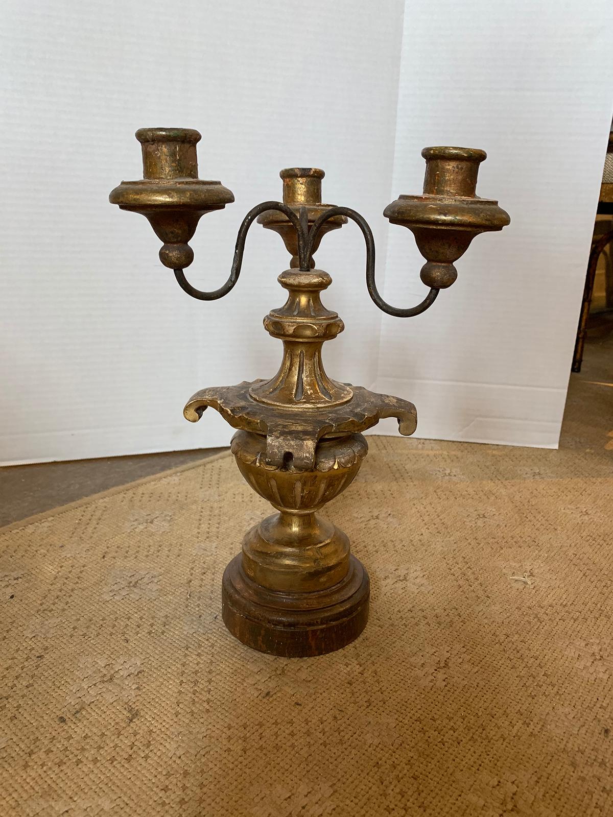 19th-20th century Italian three-arm giltwood candelabra.