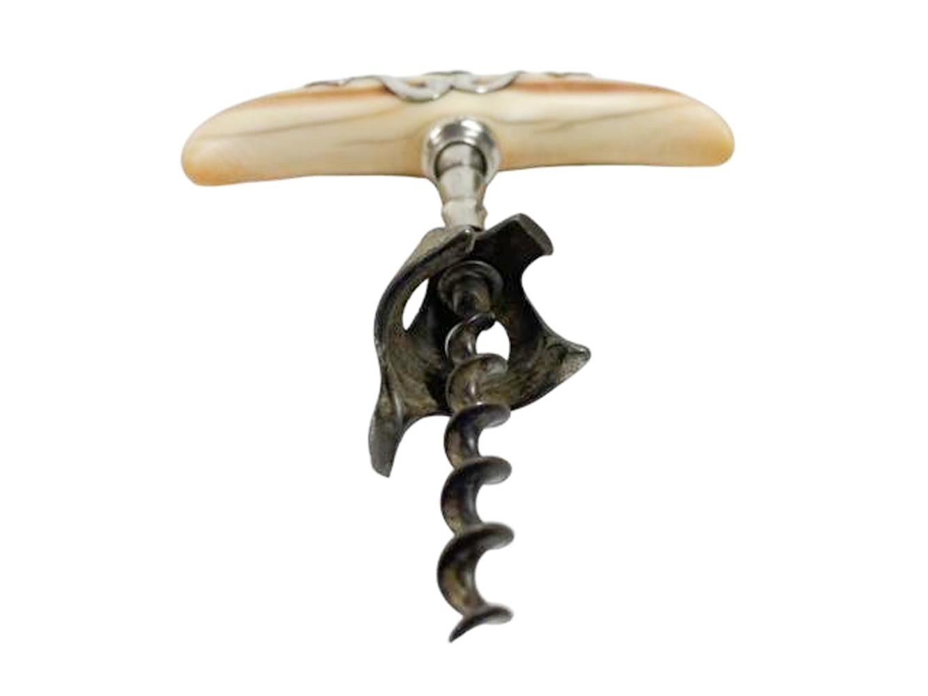 American 19th/20th Century Ivory Handled Corkscrew with Sterling Siver Overlay