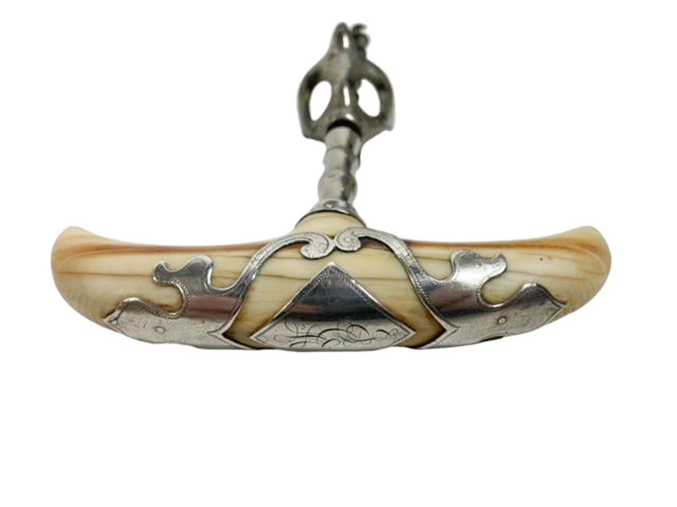 19th/20th Century Ivory Handled Corkscrew with Sterling Siver Overlay In Good Condition In Chapel Hill, NC
