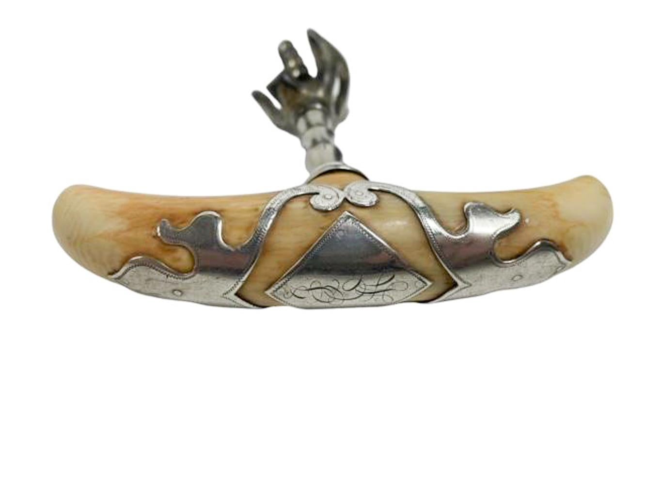 Sterling Silver 19th/20th Century Ivory Handled Corkscrew with Sterling Siver Overlay