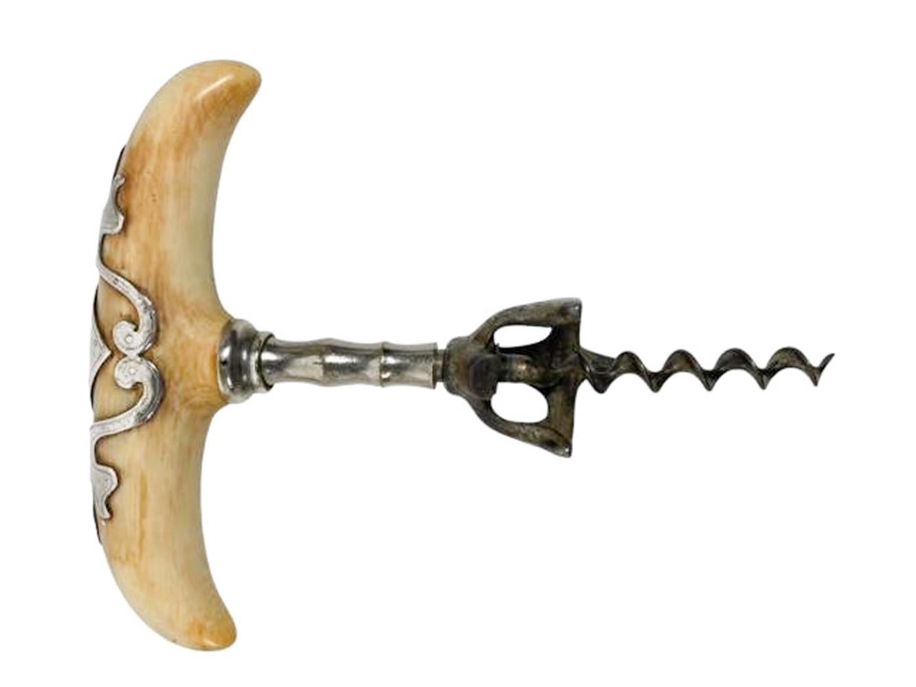 19th/20th Century Ivory Handled Corkscrew with Sterling Siver Overlay 1