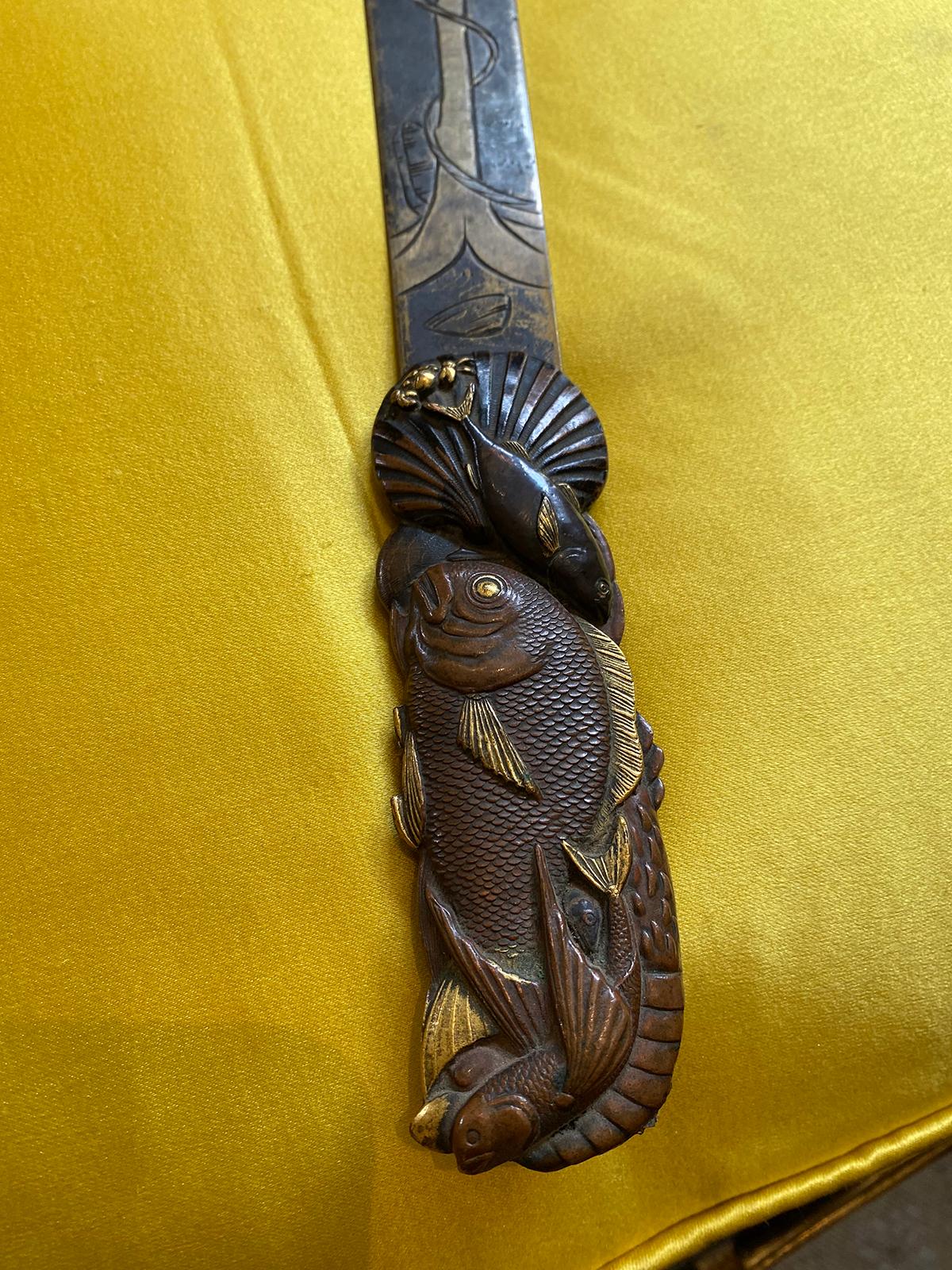 19th Century 19th-20th Century Japanese Bronze Ceremonial Dagger Knife, Shell & Fish Motif For Sale