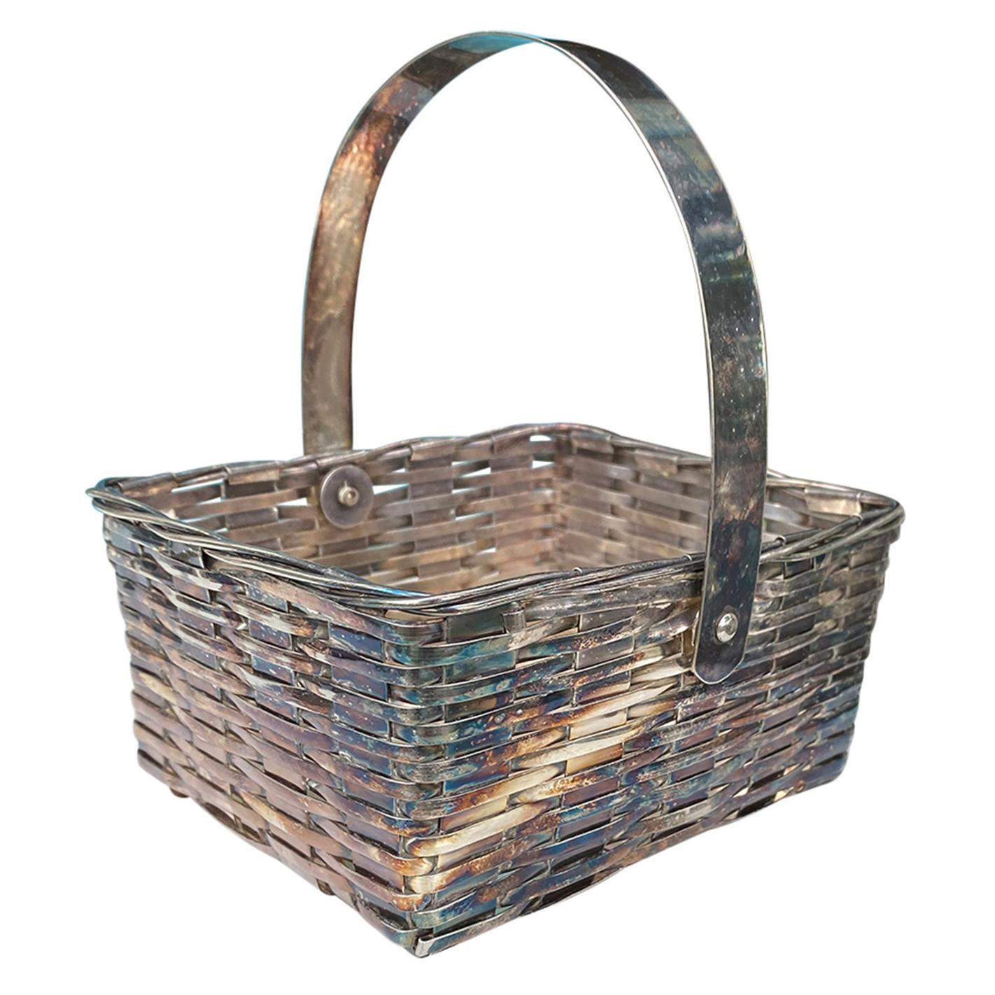 19th-20th Century Large F.B. Rogers Silver Plate Woven Basket, Marked For Sale