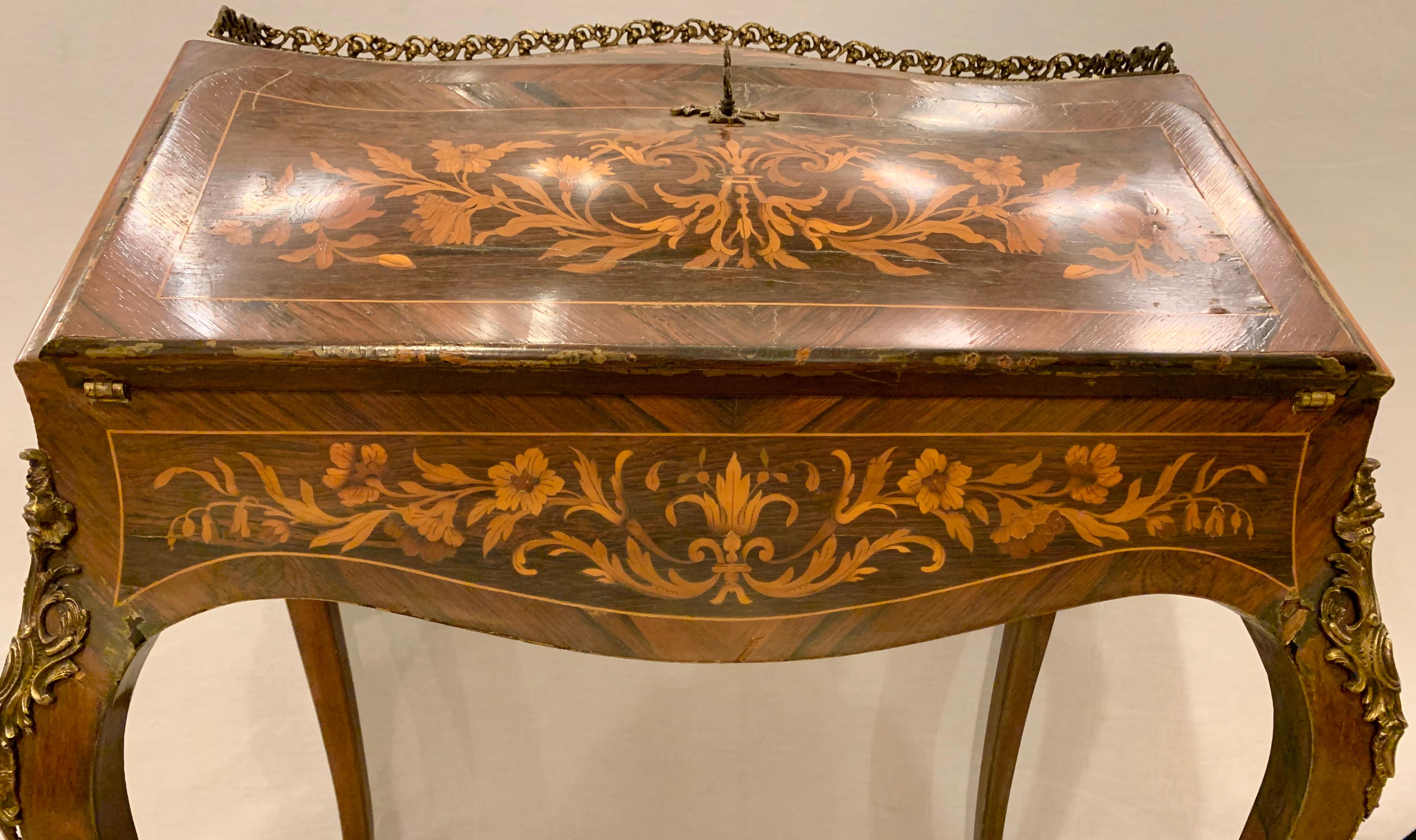Metal 19th-20th Century Louis XV Style Bombe French Marquetry Inlaid Desk