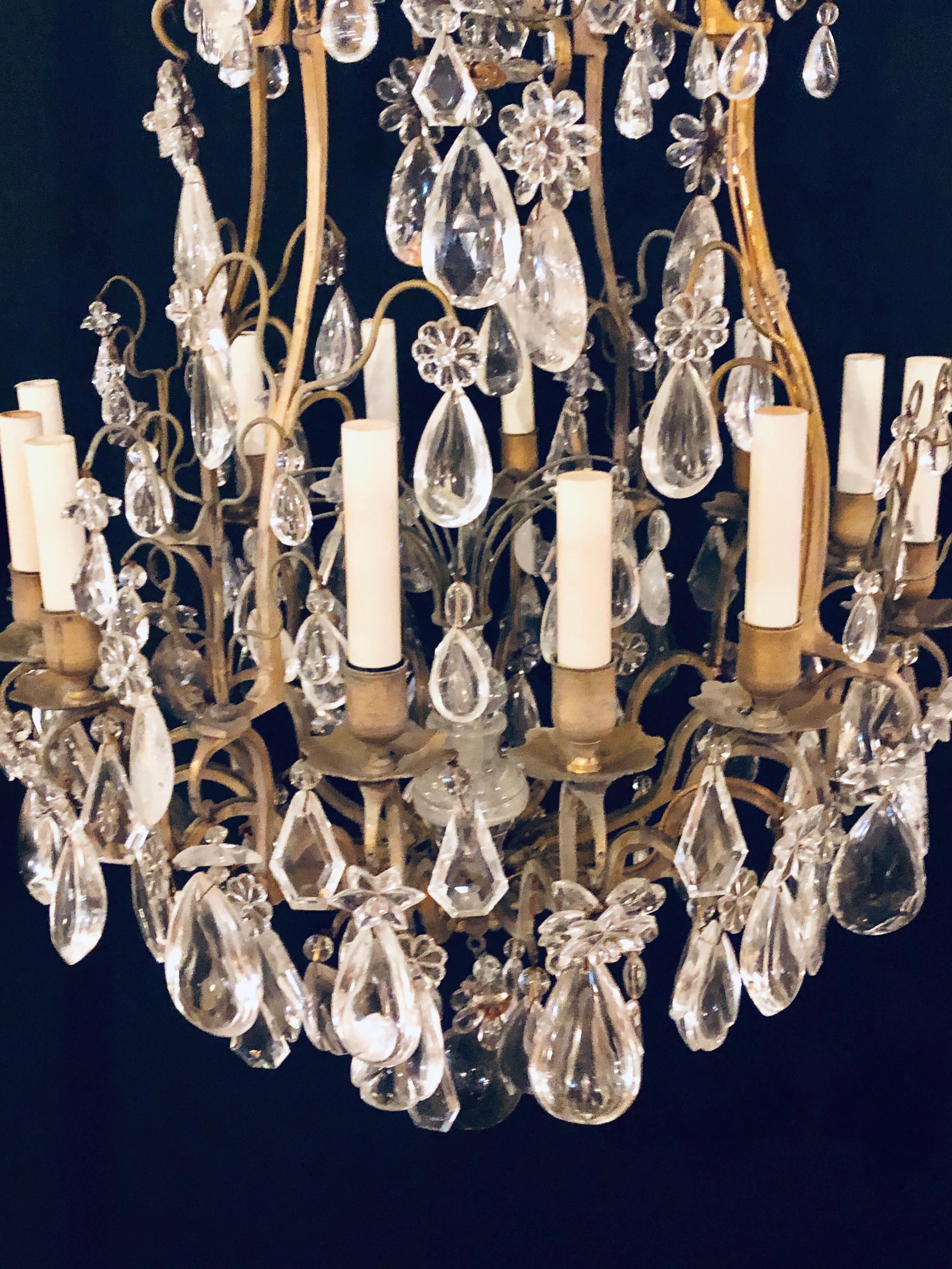 19th-20th Century Louis XVI Style 12 Light Bronze and Rock Crystal Chandelier 12