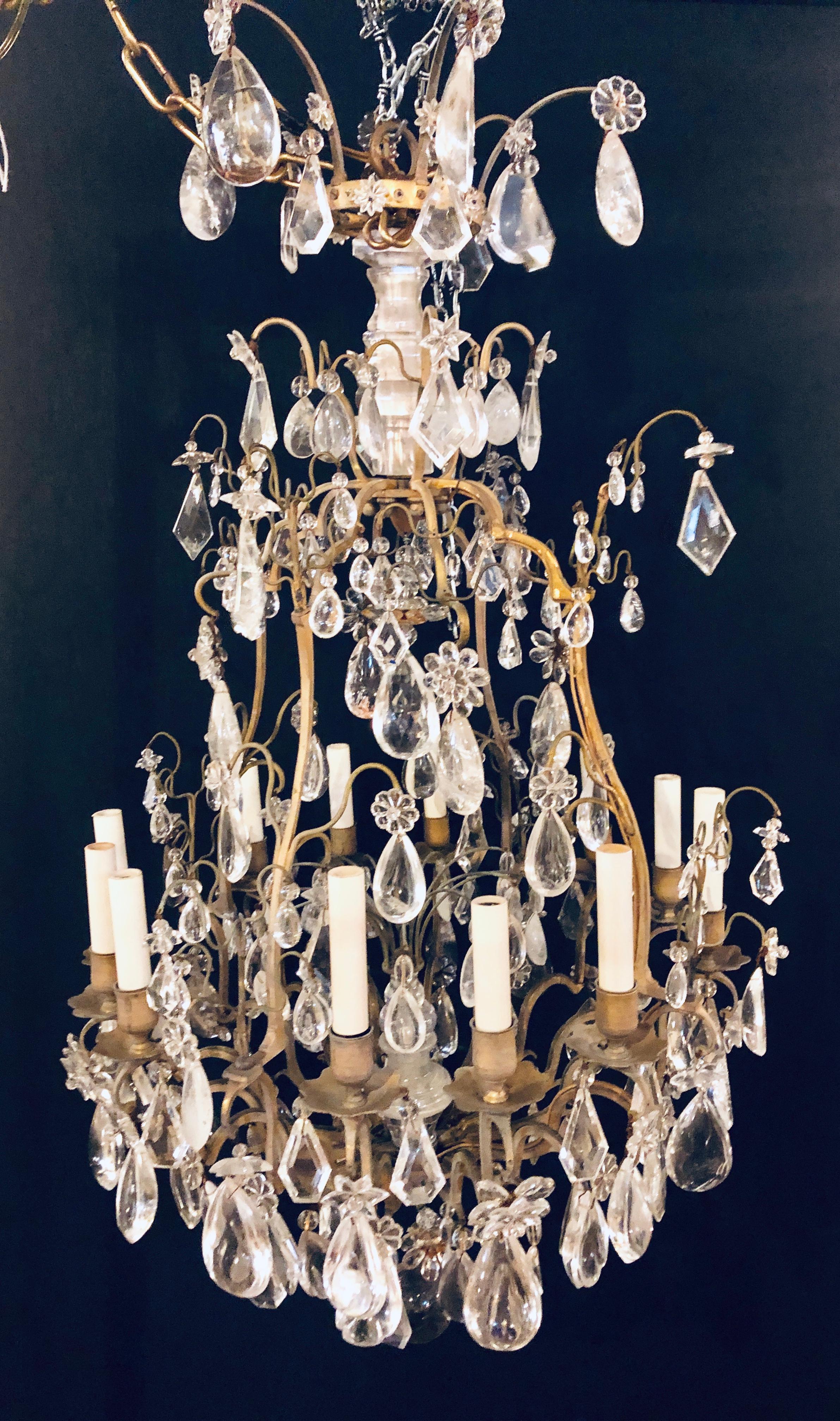 French 19th-20th Century Louis XVI Style 12 Light Bronze and Rock Crystal Chandelier