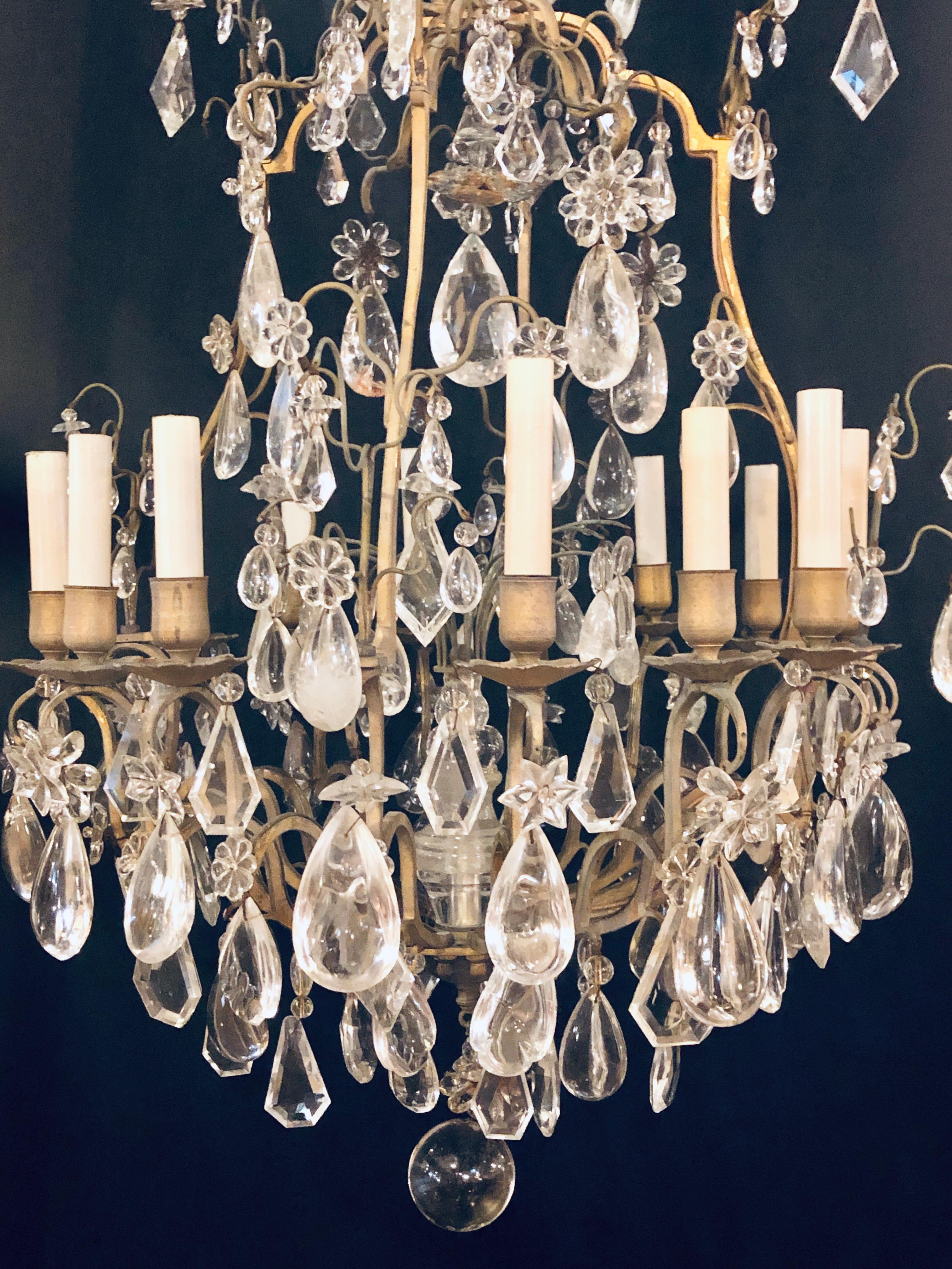 19th-20th Century Louis XVI Style 12 Light Bronze and Rock Crystal Chandelier 3