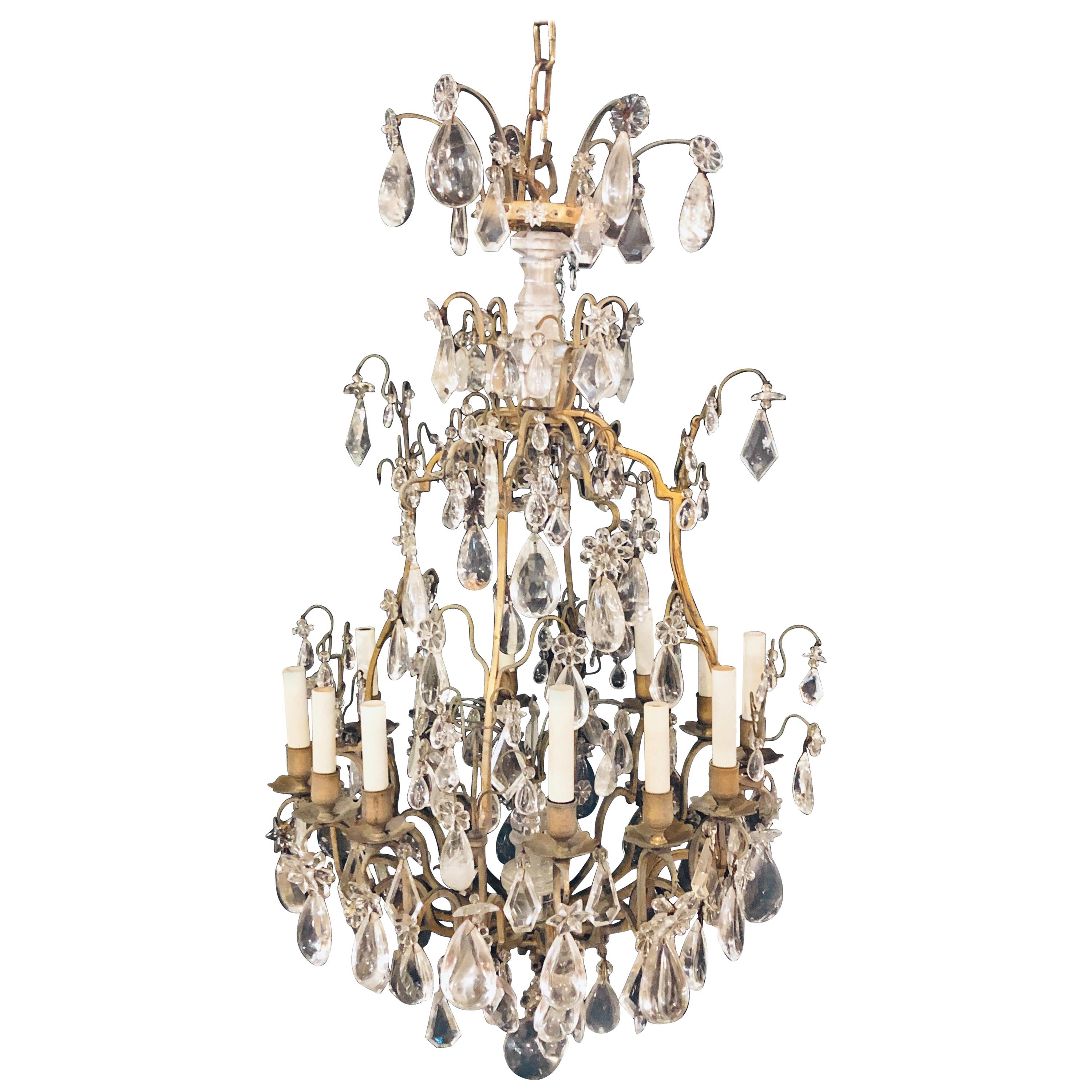 19th-20th Century Louis XVI Style 12 Light Bronze and Rock Crystal Chandelier