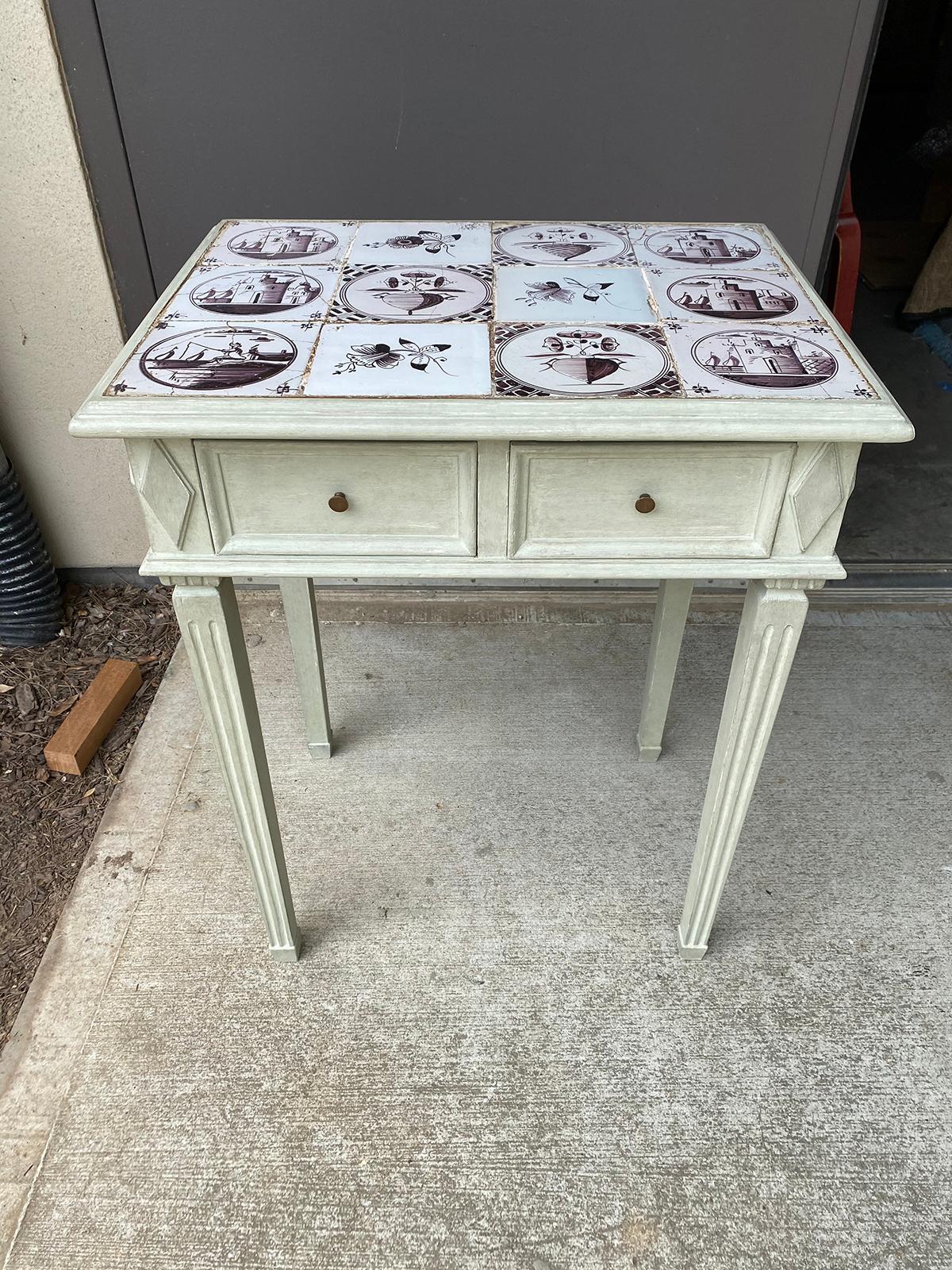 Hand-Painted 19th-20th Century Manganese Delft Tiles 2 Drawer Side Table, Custom Finish