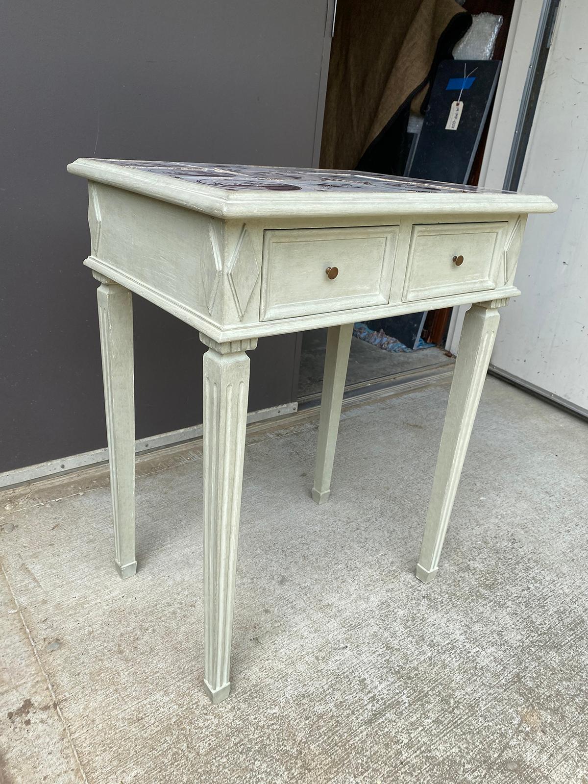 19th-20th Century Manganese Delft Tiles 2 Drawer Side Table, Custom Finish In Good Condition In Atlanta, GA