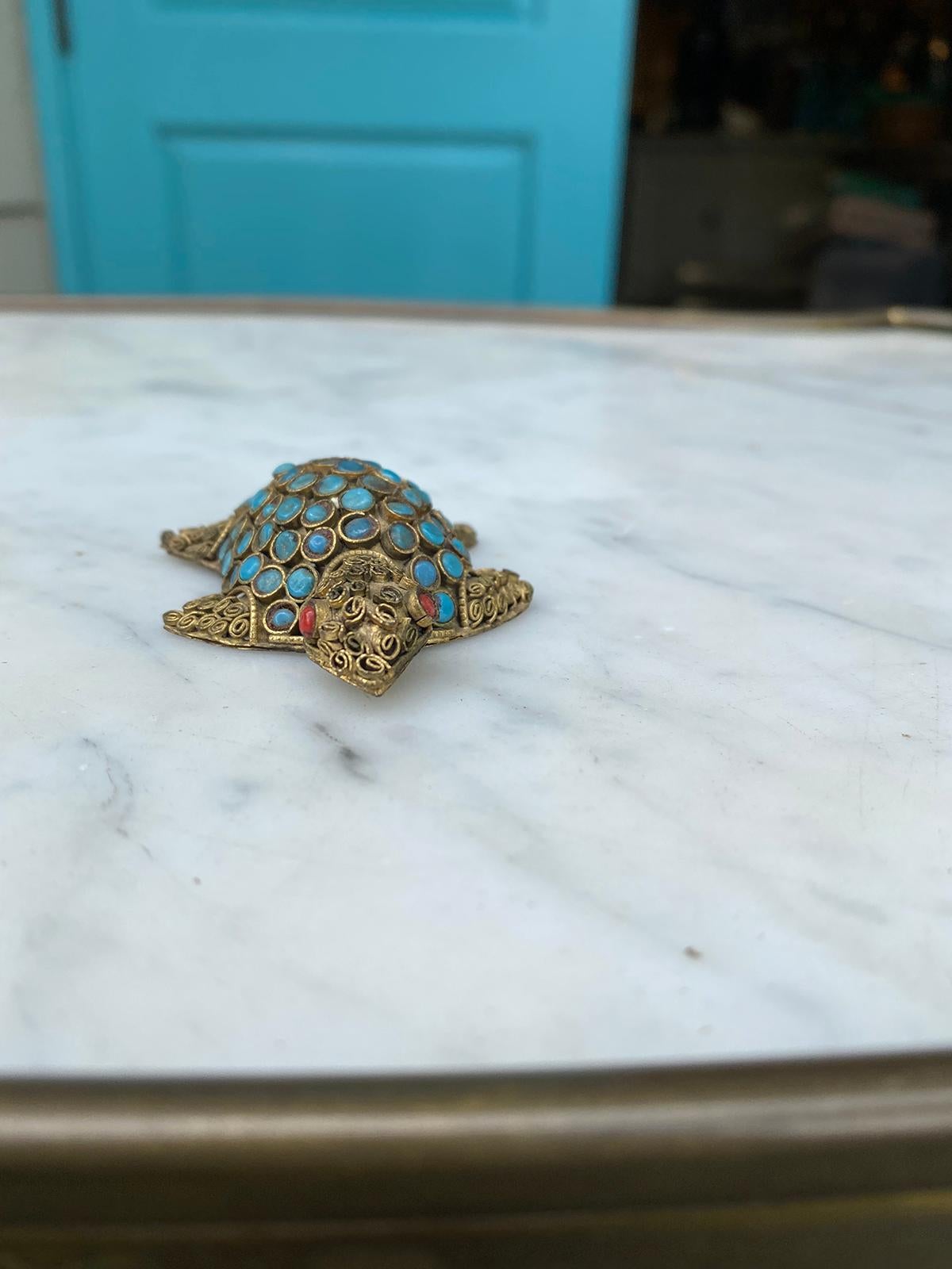 19th-20th Century Middle Eastern Gilt Metal Turtle with Coral & Turquoise 6