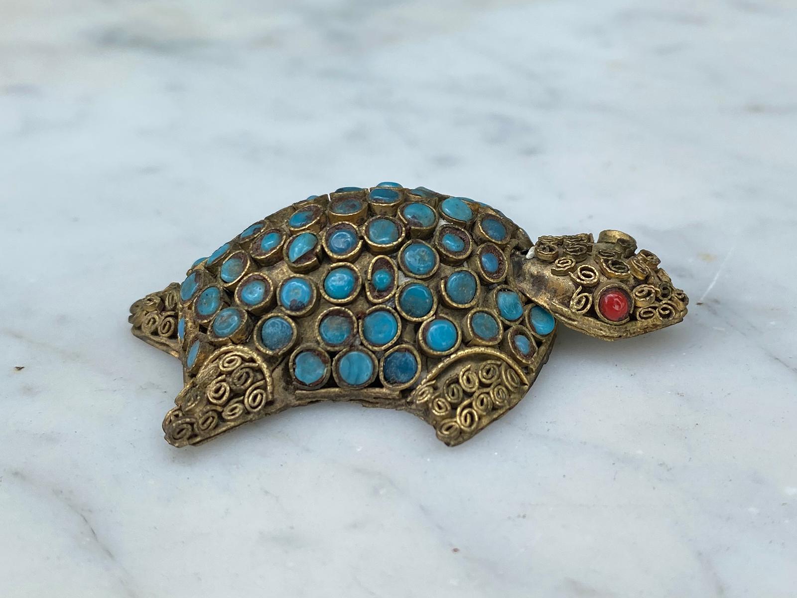 19th-20th century Middle Eastern gilt metal turtle with coral & turquoise.