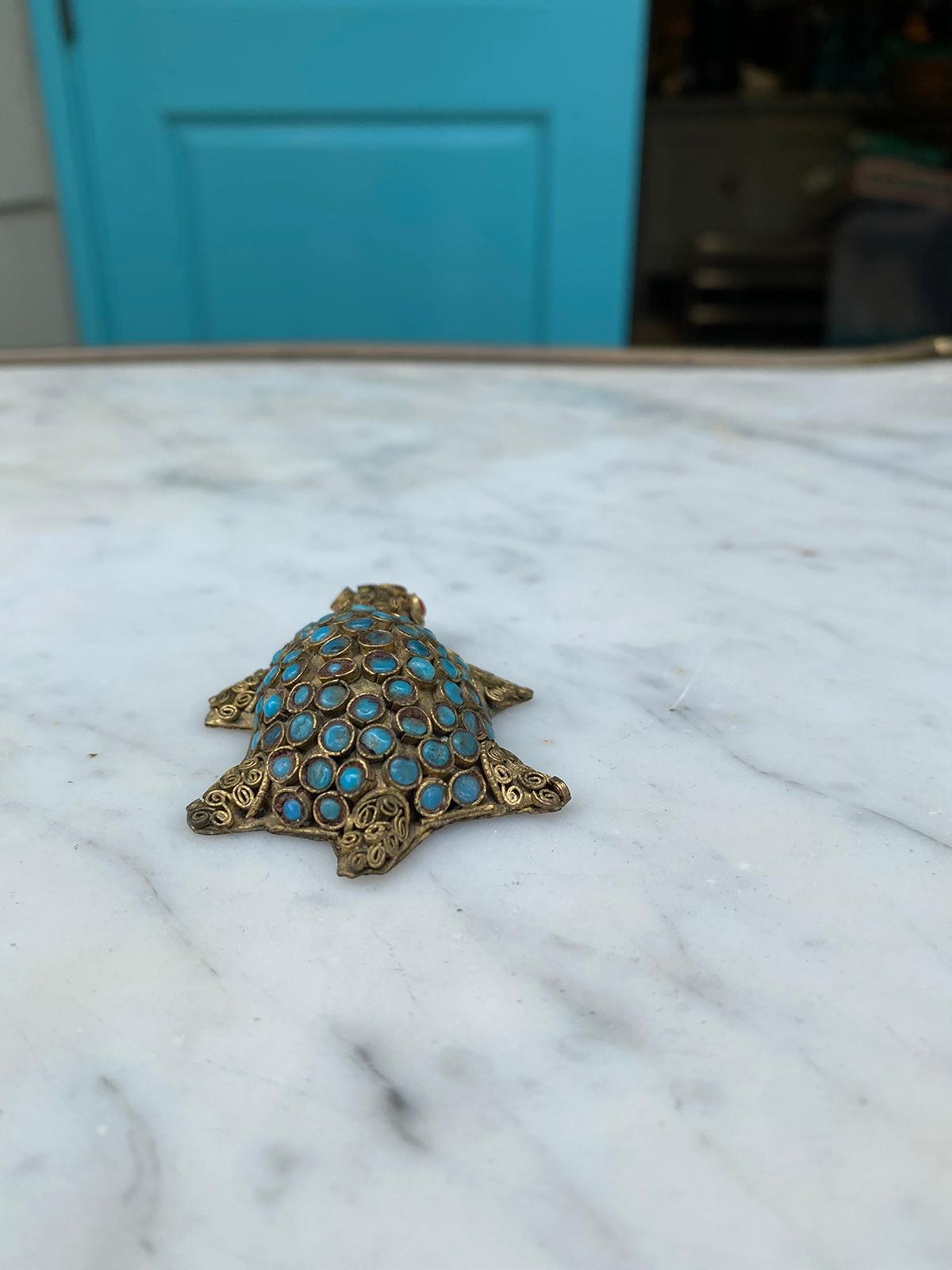 19th-20th Century Middle Eastern Gilt Metal Turtle with Coral & Turquoise In Good Condition In Atlanta, GA