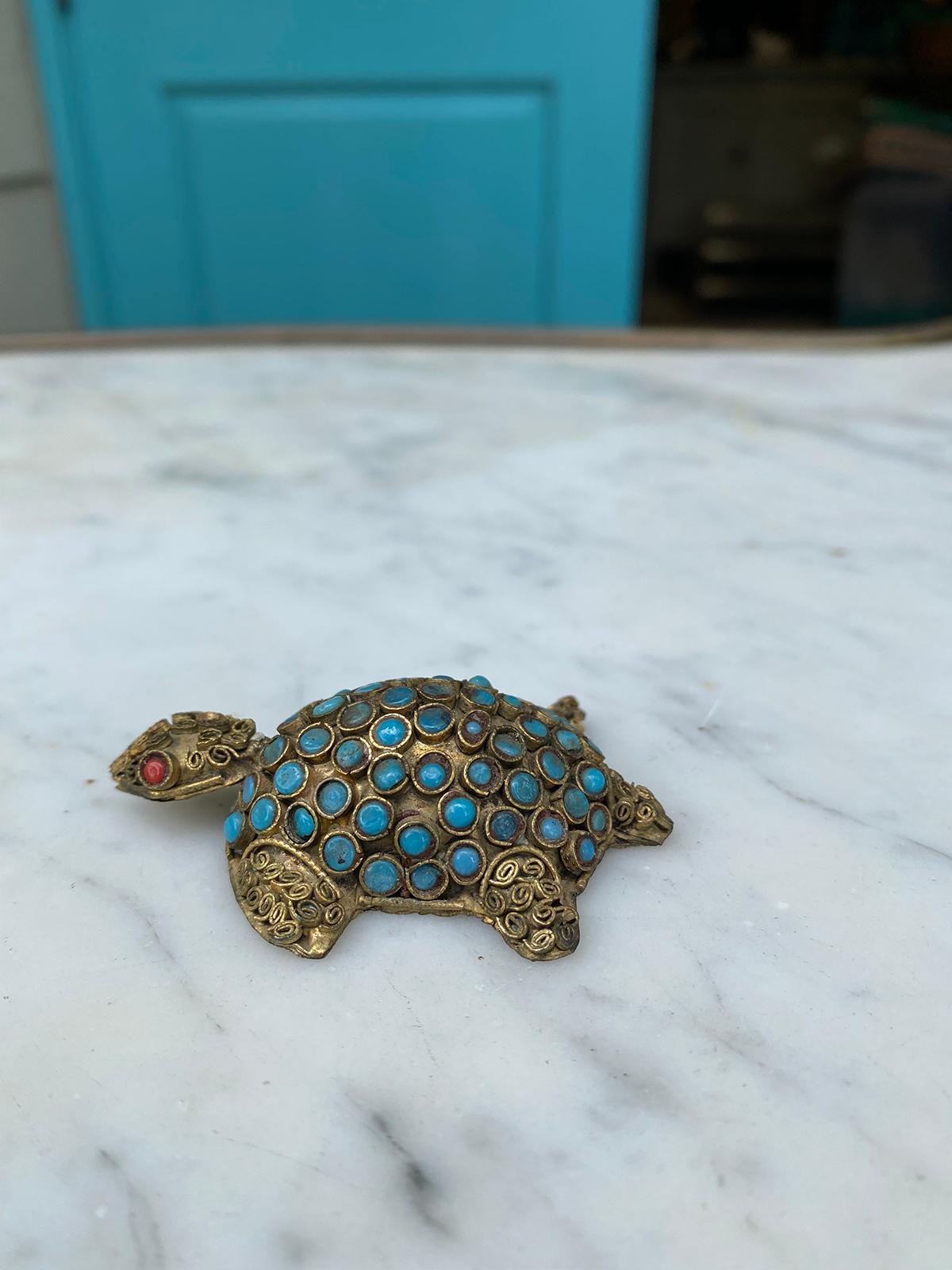 19th Century 19th-20th Century Middle Eastern Gilt Metal Turtle with Coral & Turquoise