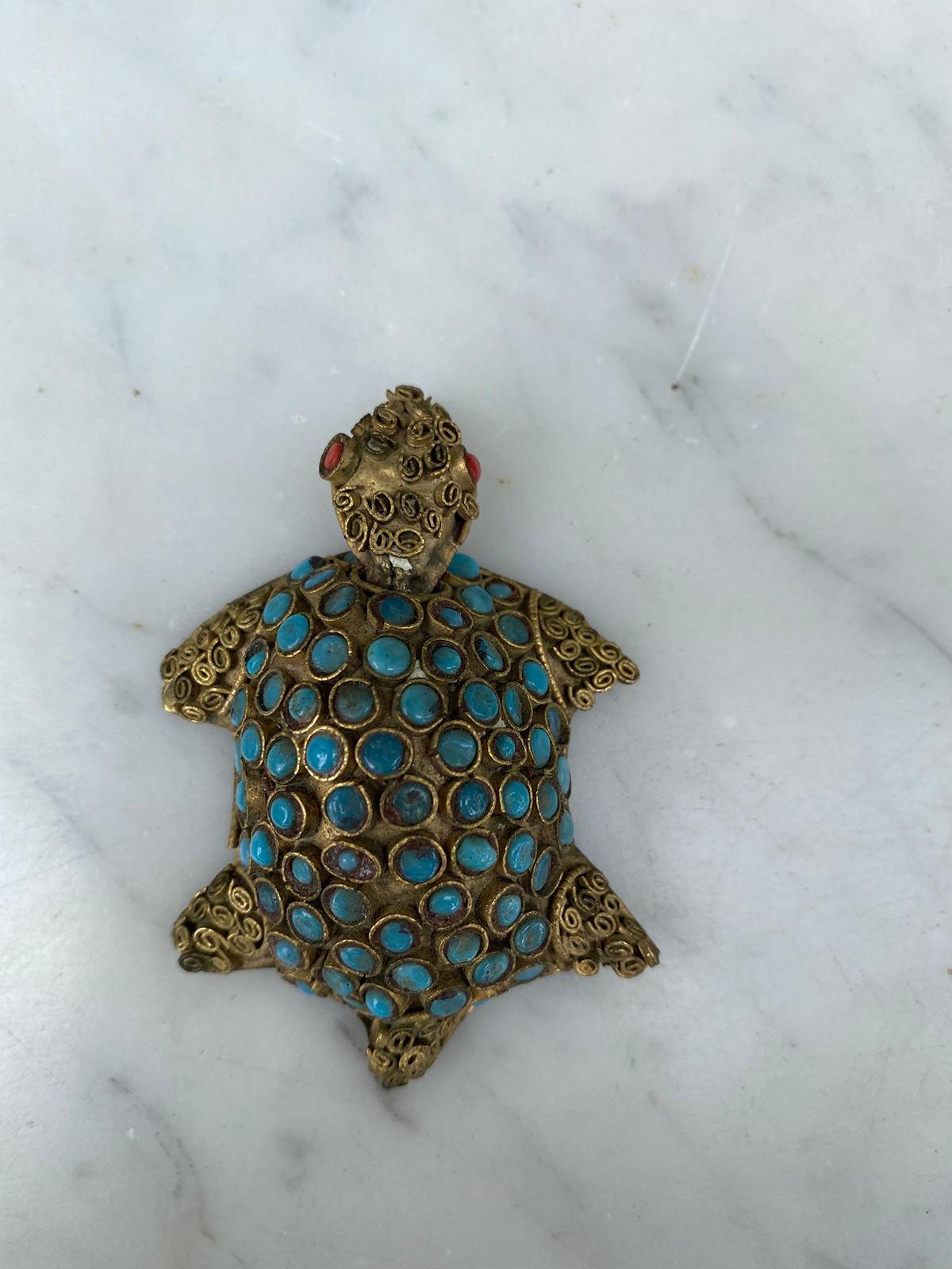 19th-20th Century Middle Eastern Gilt Metal Turtle with Coral & Turquoise 1