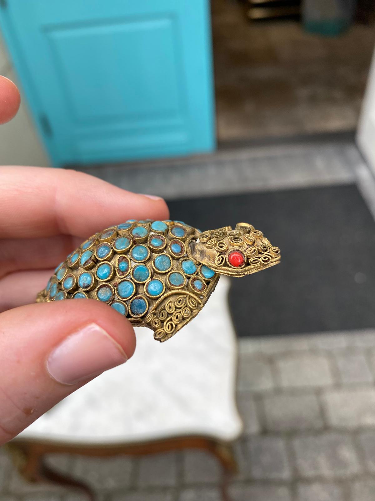 19th-20th Century Middle Eastern Gilt Metal Turtle with Coral & Turquoise 3