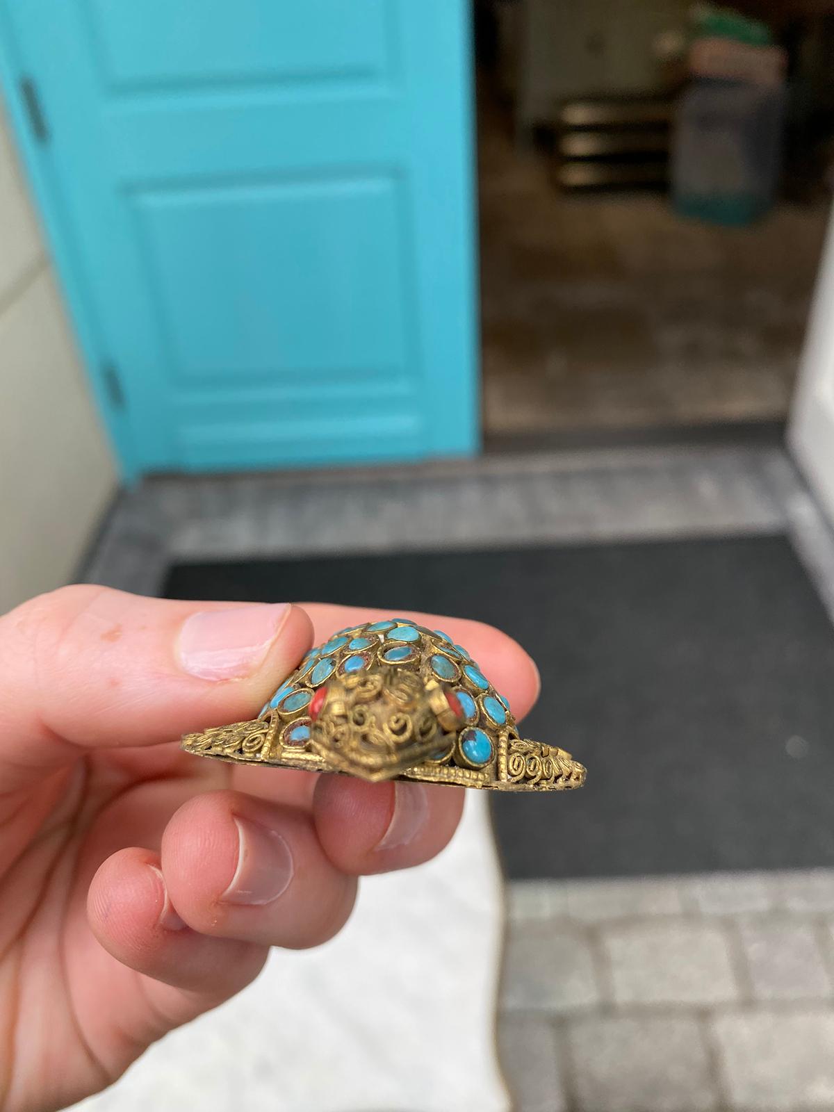 19th-20th Century Middle Eastern Gilt Metal Turtle with Coral & Turquoise 4