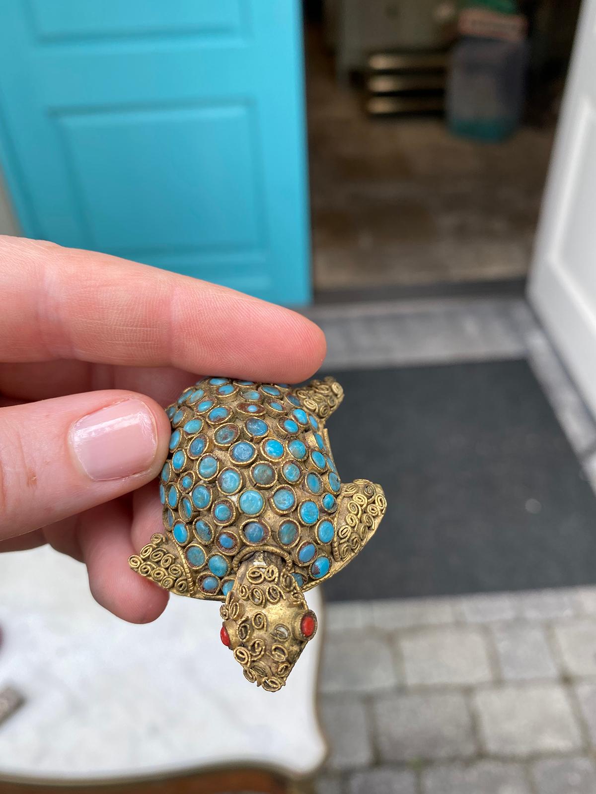 19th-20th Century Middle Eastern Gilt Metal Turtle with Coral & Turquoise 5