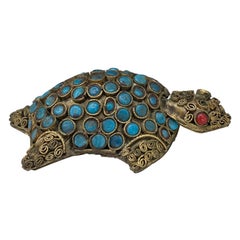 19th-20th Century Middle Eastern Gilt Metal Turtle with Coral & Turquoise