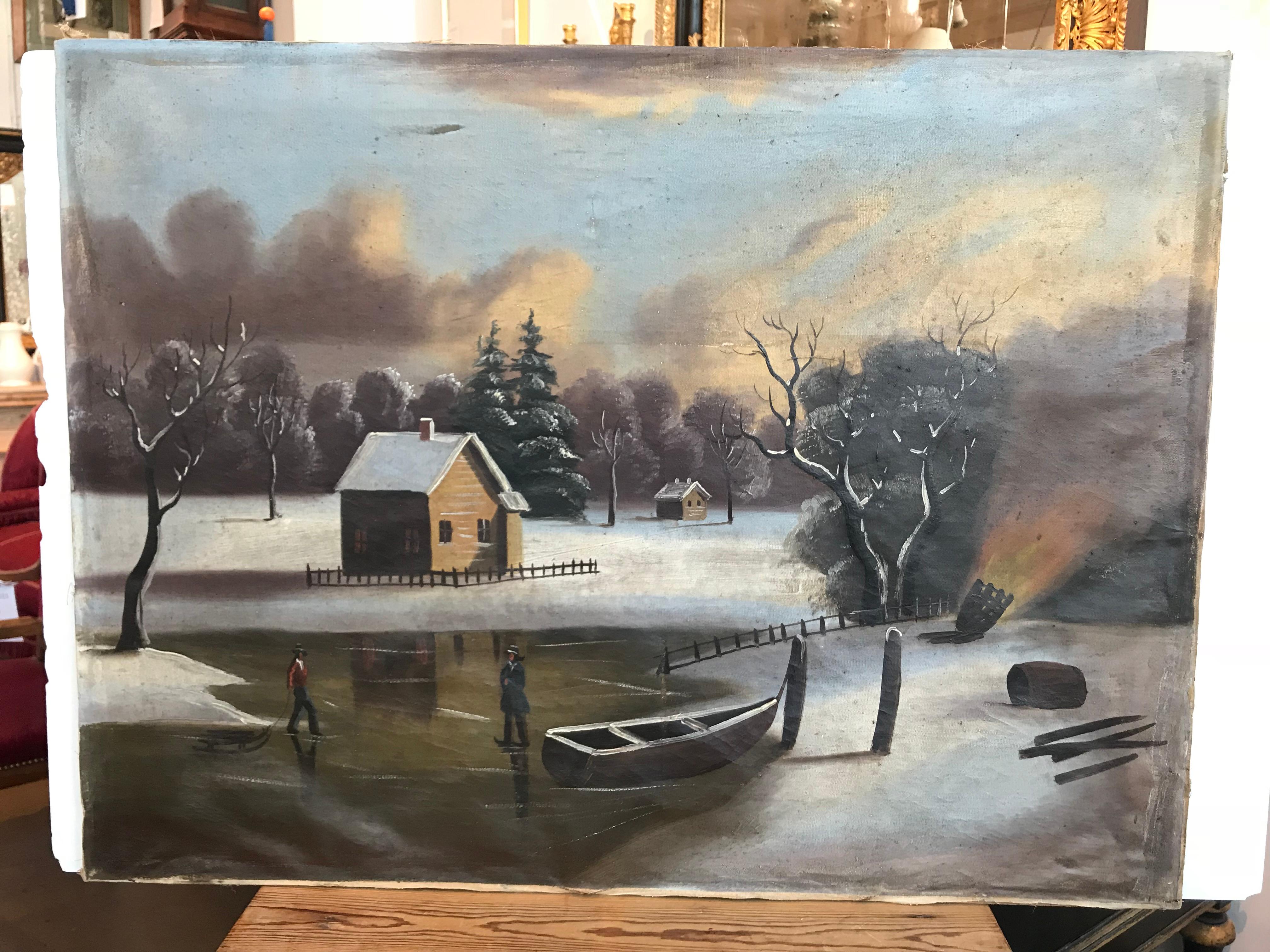 19th-20th Century Naive Winter Landscape For Sale 4